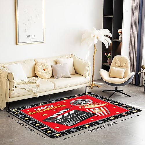 Miniatura 2 de jejeloiu Alfombra decorativa de cine para sala de estar, 5 x 7 pies, para niños, alfombra decorativa antideslizante de moda antigua para cine