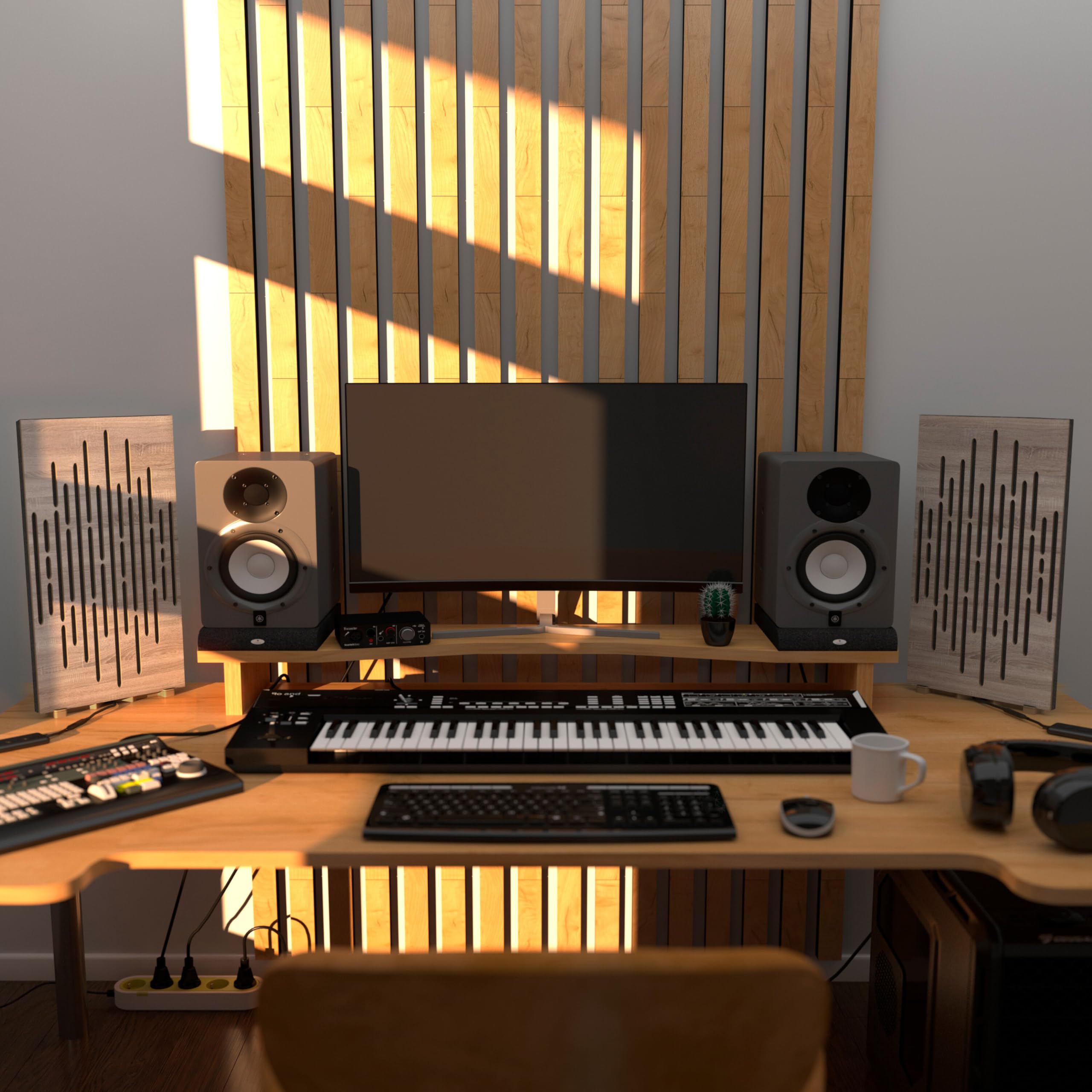 Pack de 2 paneles acústicos estrechos «WAVE-mini» con lámpara de escritorio RGB | Soporte móvil con base LED para mesa | Para estudios de podcast y salas de juegos | 50×25cm | Color: Sonoma