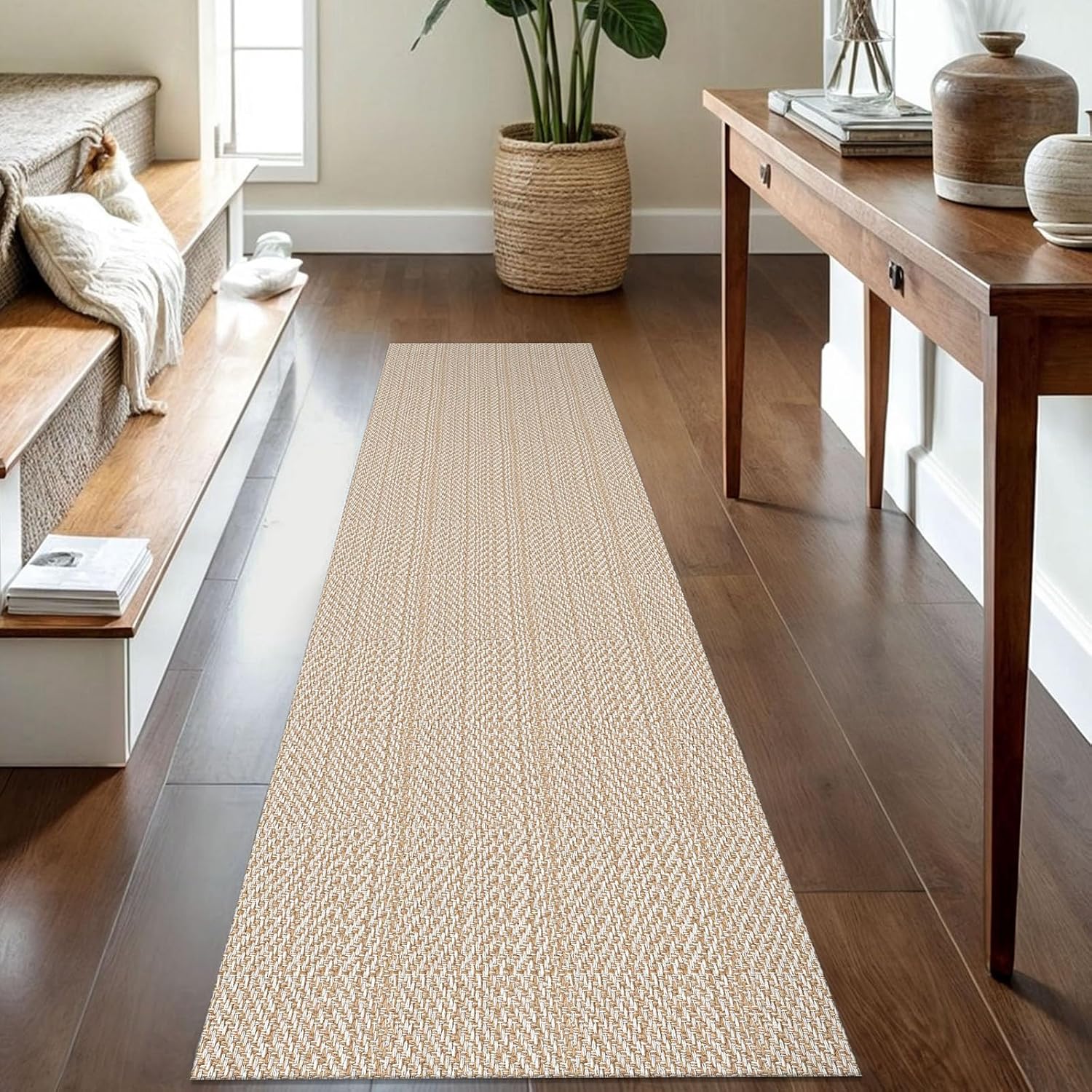 IOHOUZE Washable Runner Rug 2x8 Non Slip Rubber Backed Hallway Runner Entryway Runner Indoor, Kitchen Rugs Woven Cotton Floor Carpet for Kitchen Hall Entrance Bedroom, Beige/Sandy/Off-White