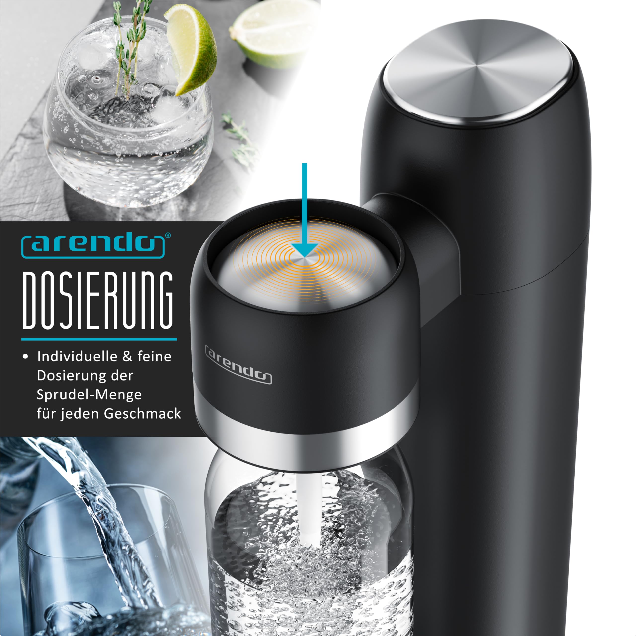 Arendo - Soda Maker Wassersprudler – inkl. 1000 ml Wasserflasche BPA frei – fein dosierbar – Soda Streamer kompatibel mit 60 l CO2 Zylindern