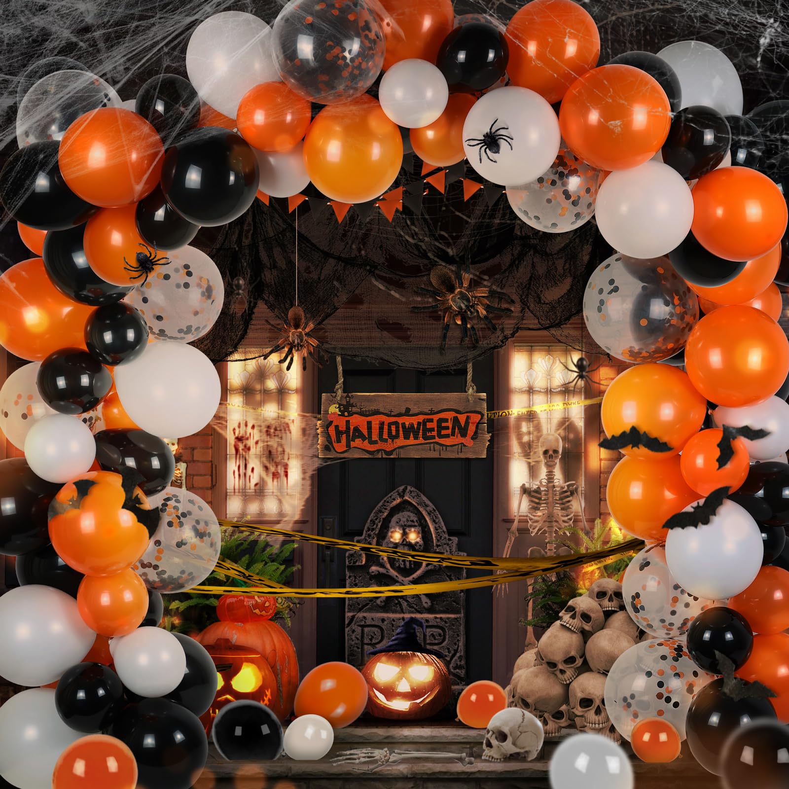Halloween Decorations Balloon Arch Kit 124 Pcs, Orange Black White Confetti Balloons With Spider Webs, Outdoor Indoor Halloween Party Decoration balloon Garland