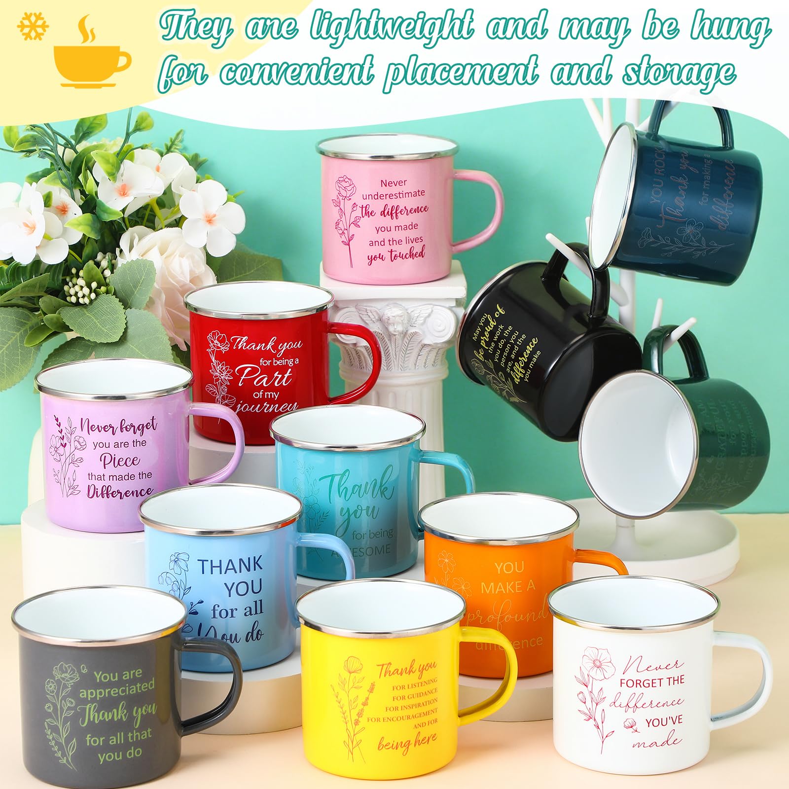 Didaey 48 tazze motivazionali smaltate da caffè con manico, regalo di ringraziamento, per il rientro a scuola, per insegnanti, volontari, dipendenti, apprezzamento (squadra floreale)