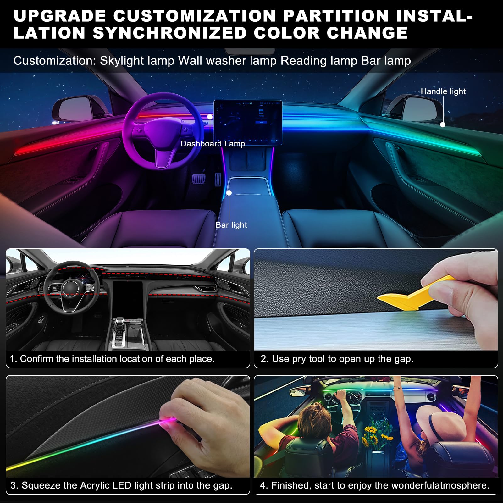 Tira de luces LED para interior de coche, con aplicación inalámbrica, RGB 6 en 1 con 175 pulgadas, 593 ledes de fibra óptica para coche, sincronización dinámica de música, kit de iluminación ambiental