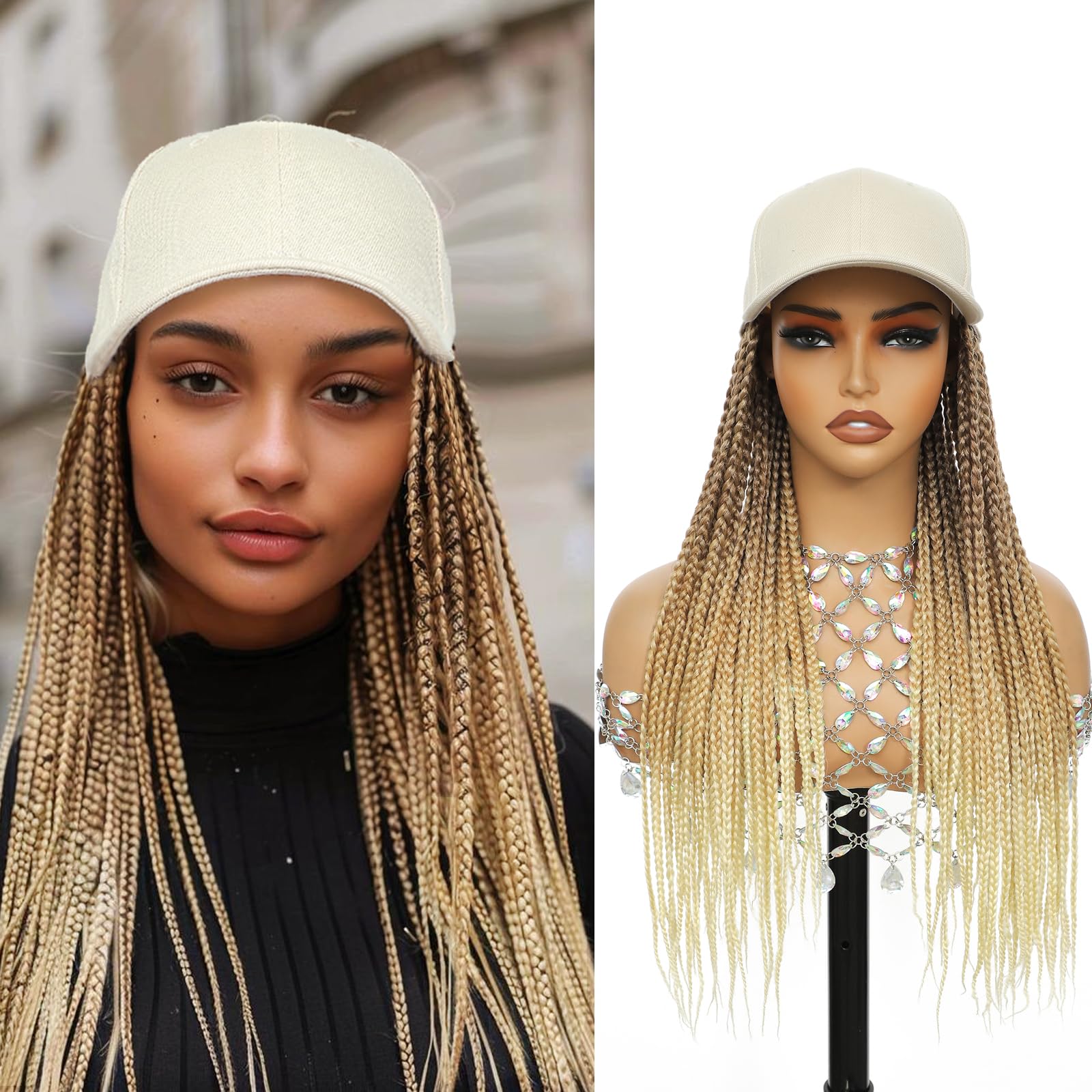 Yunkang Braided Baseball Cap Wig Box Braid Hair Extensions with Hat Beige Color Cap Wig with 18inch Long Synthetic Ombre brown blonde Braiding Hair for Women (18in-Beige ombre blonde)