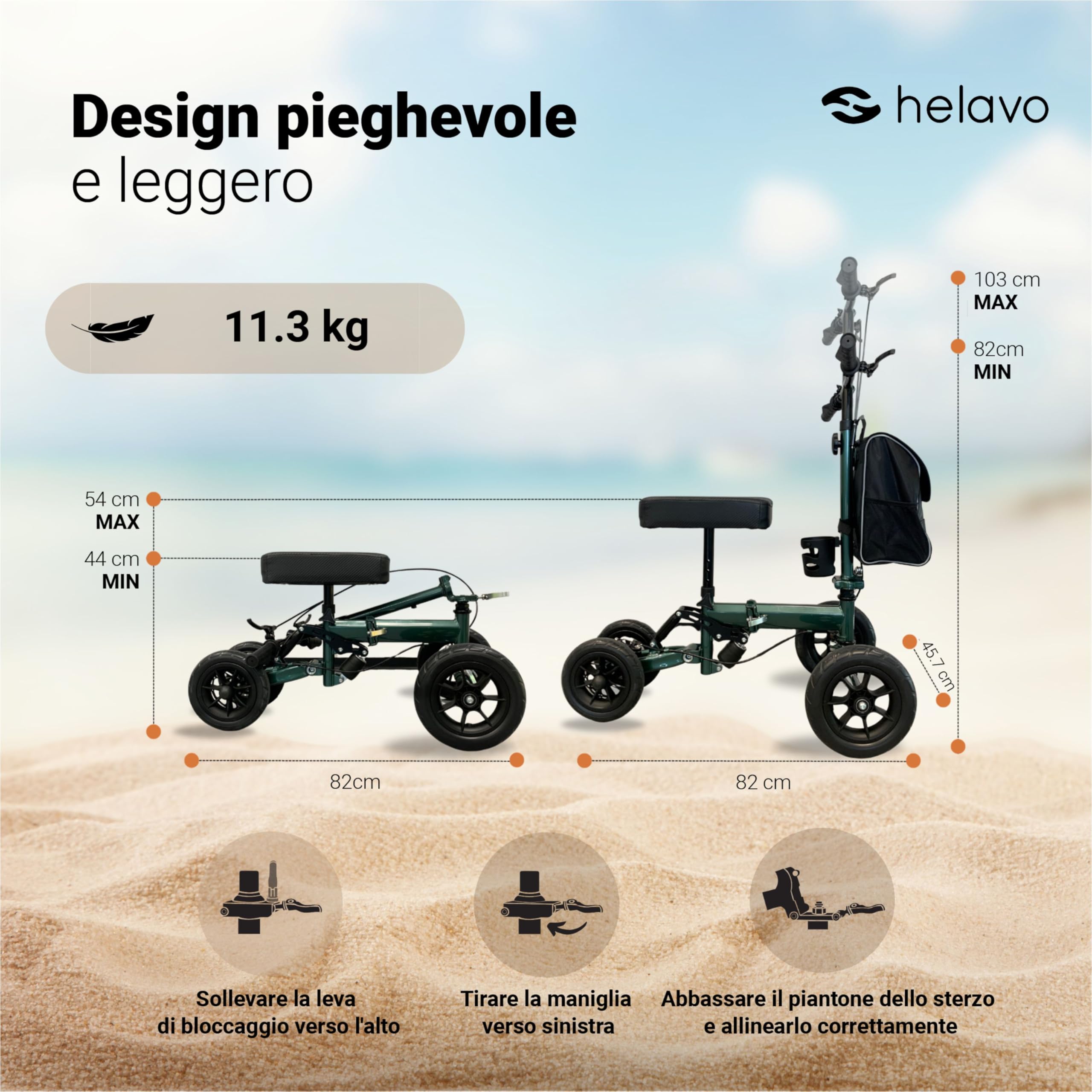 Helavo Scooter per Ginocchio Pieghevole, Deambulatore Ortopedico | Deambulatore ortopedico per ginocchia con 2 ginocchiere - Alternativa alle stampelle - Ruote da 10"/8"