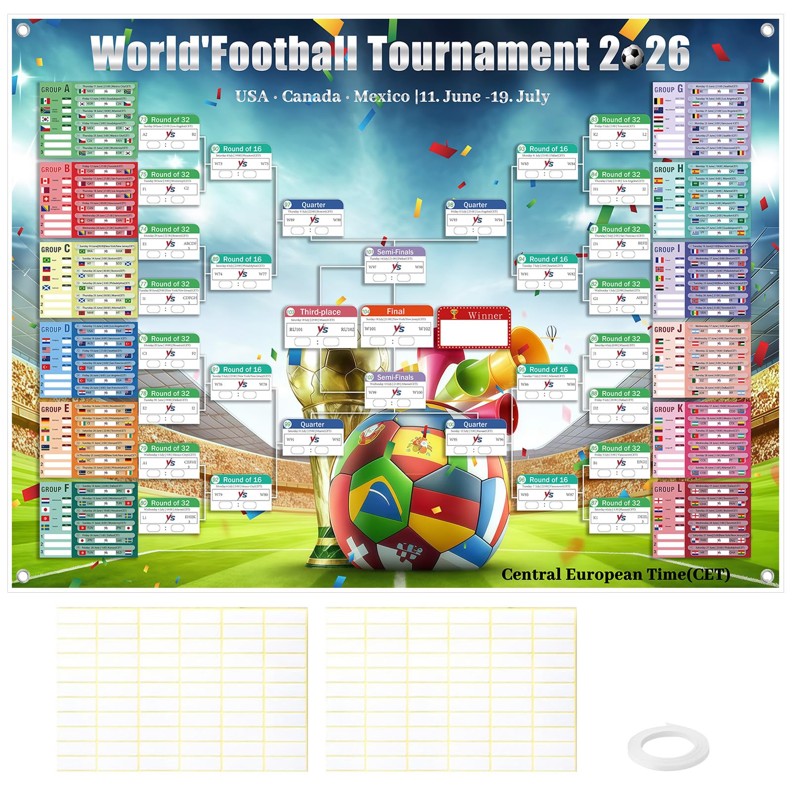 Póster de Calendario de la Copa del Mundo 2026,150x100 cm,con pegatinas de corrección de cuerda para colgar,Incluye 48 Equipos Participantes e Info de Partidos,para Salón Bar Fiesta (150x100)