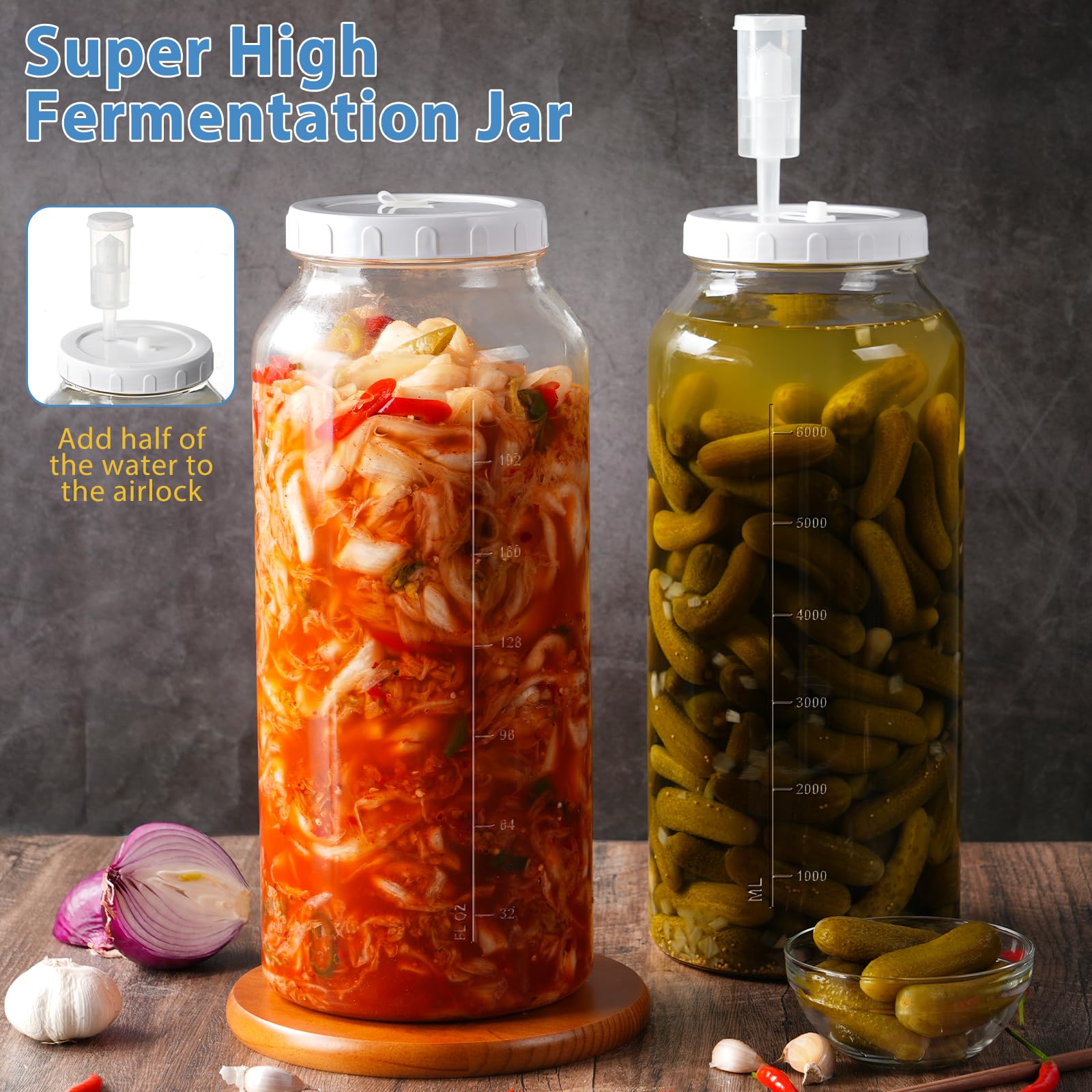 1 paquete de tarro de fermentación grande de 2 galones con marca de escala, tarro de vidrio de boca ancha con tapa hermética de rosca y 2 cierres de aire, kit de fabricación de vino de 7600 ml para