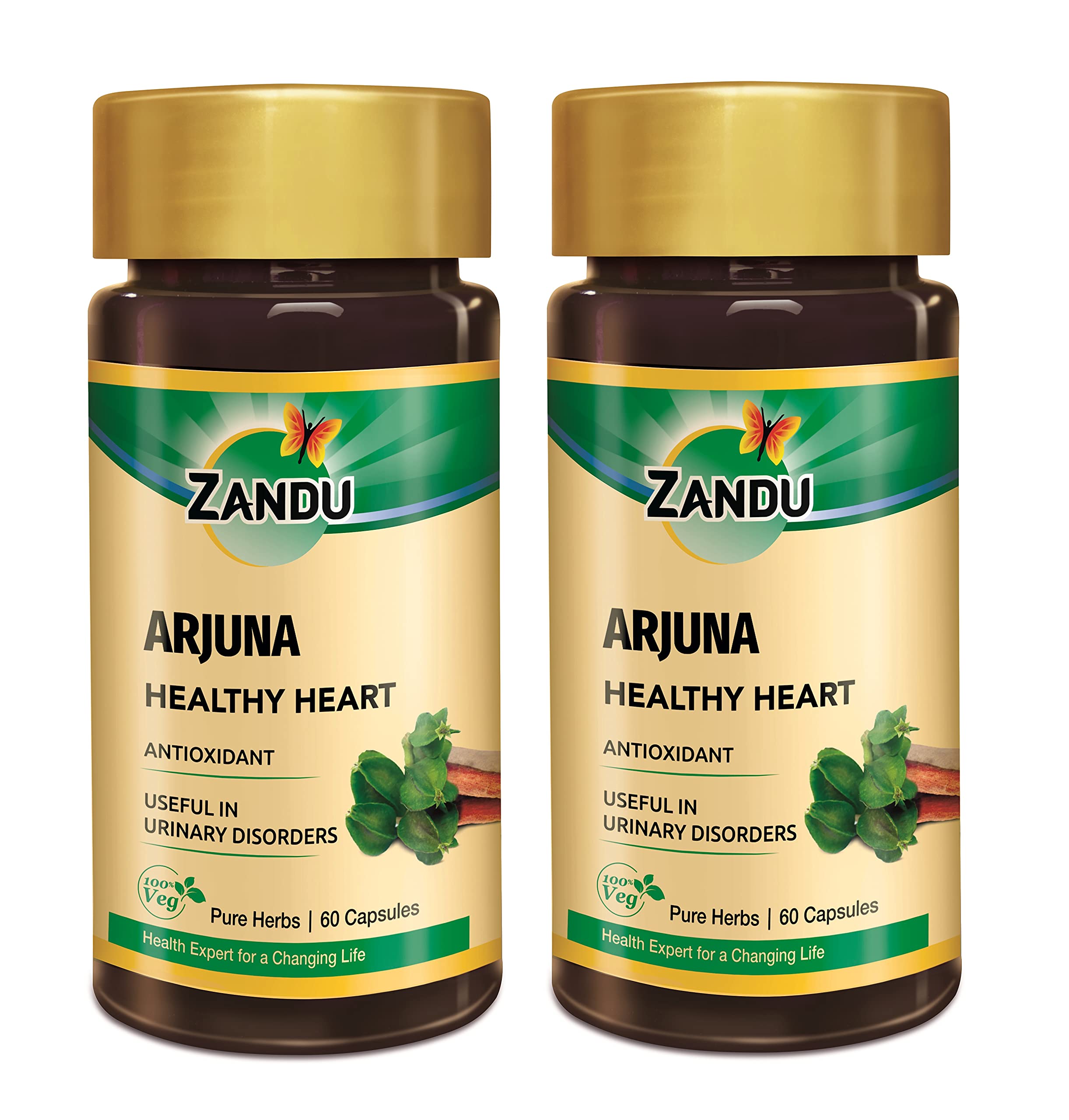 Zandu Arjuna Capsules - Helps to Maintain a Healthy Heart while Helping Keep Diabetes & Cholesterol Under Check, also Promotes Good Urinary Health - (Pack of 60 Veg capsules x 2)