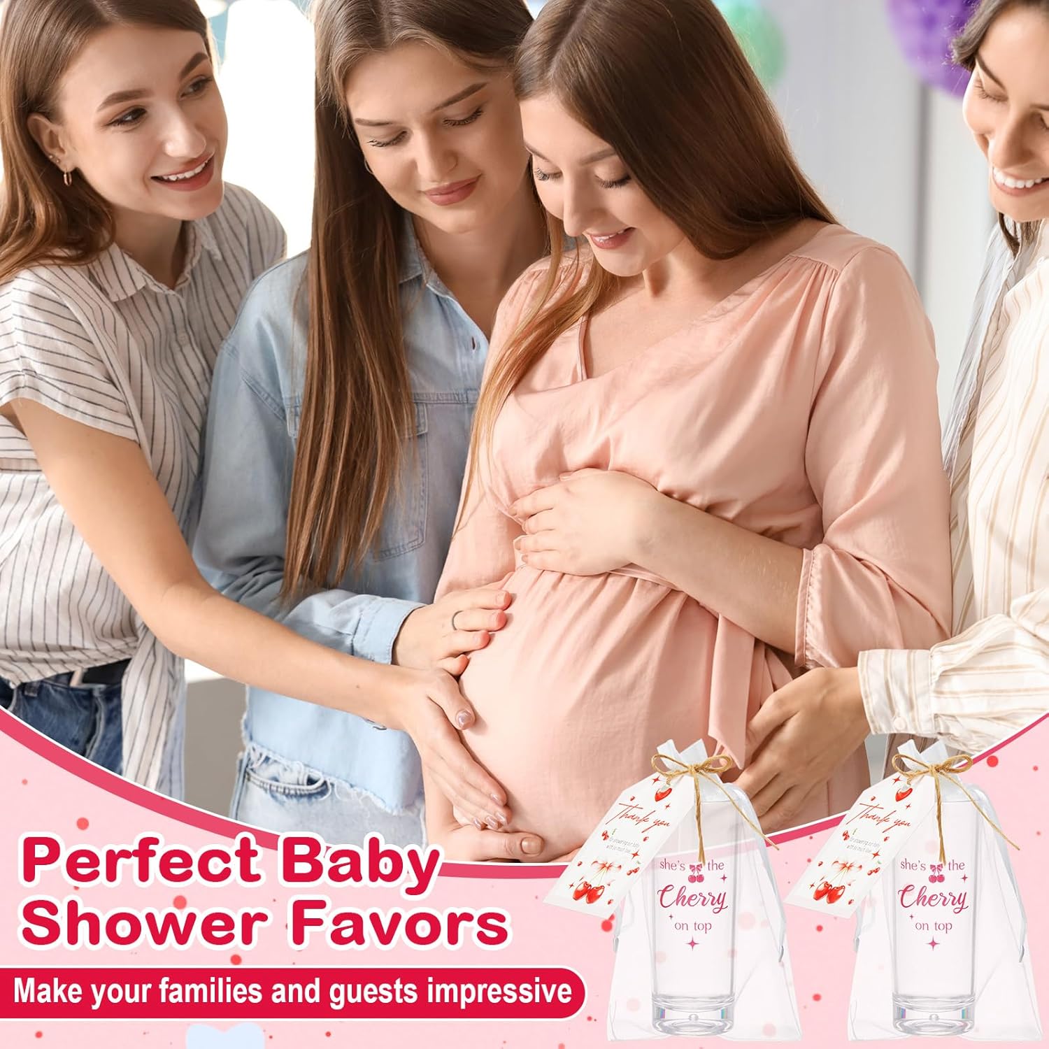 Sliner 50 Sets Baby Shower Shot Glass Gift Bulk for Guests Include 2.2 oz The Cherry Acrylic Shot Glasses and Card Organza Bag for Gender Reveal Party Supplies