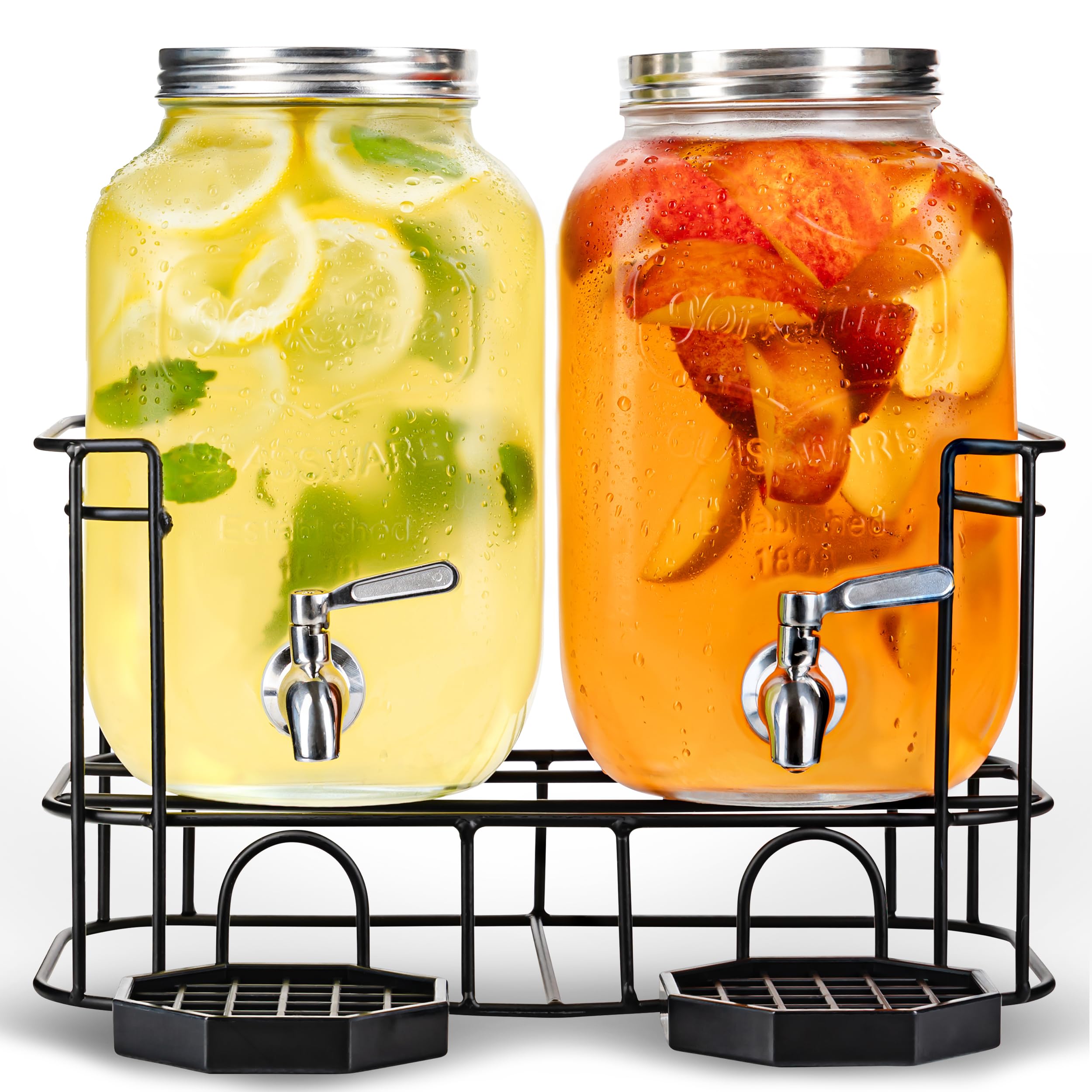 Dual Gallon Glass Beverage Dispensers with Metal Stand, Stainless Steel Spigot, Metal Lid and Drip Trays- Gallon Glass Yorkshire Mason Container for Kombucha Fermenting, Iced Tea and more