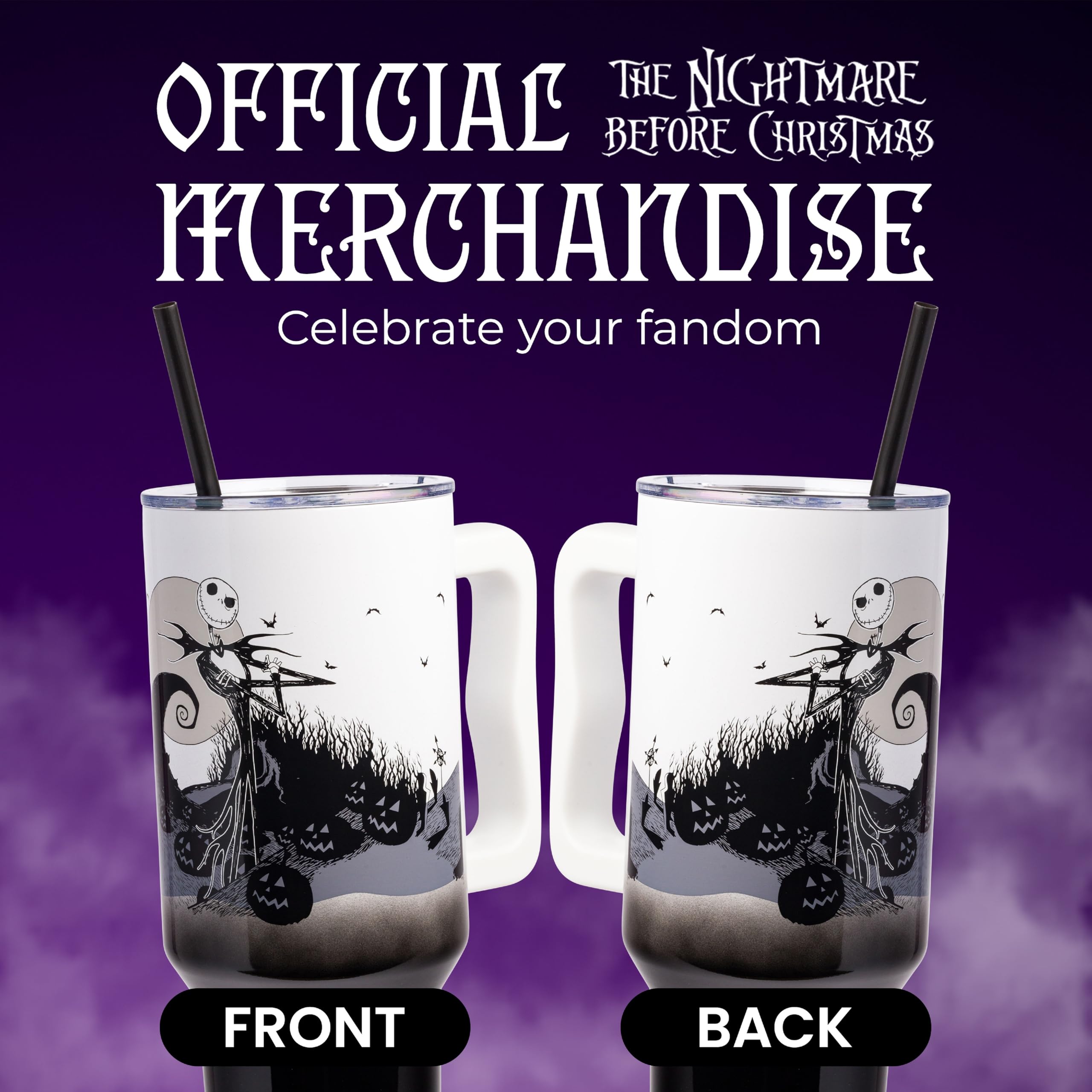 Silver Buffalo Disney Nightmare Before Christmas by Tim Burton Jack Skellington Hill and Moon Double Walled Stainless Steel Tumbler with Handle and Straw, Fits in Standard Cup Holder, 40 Ounces