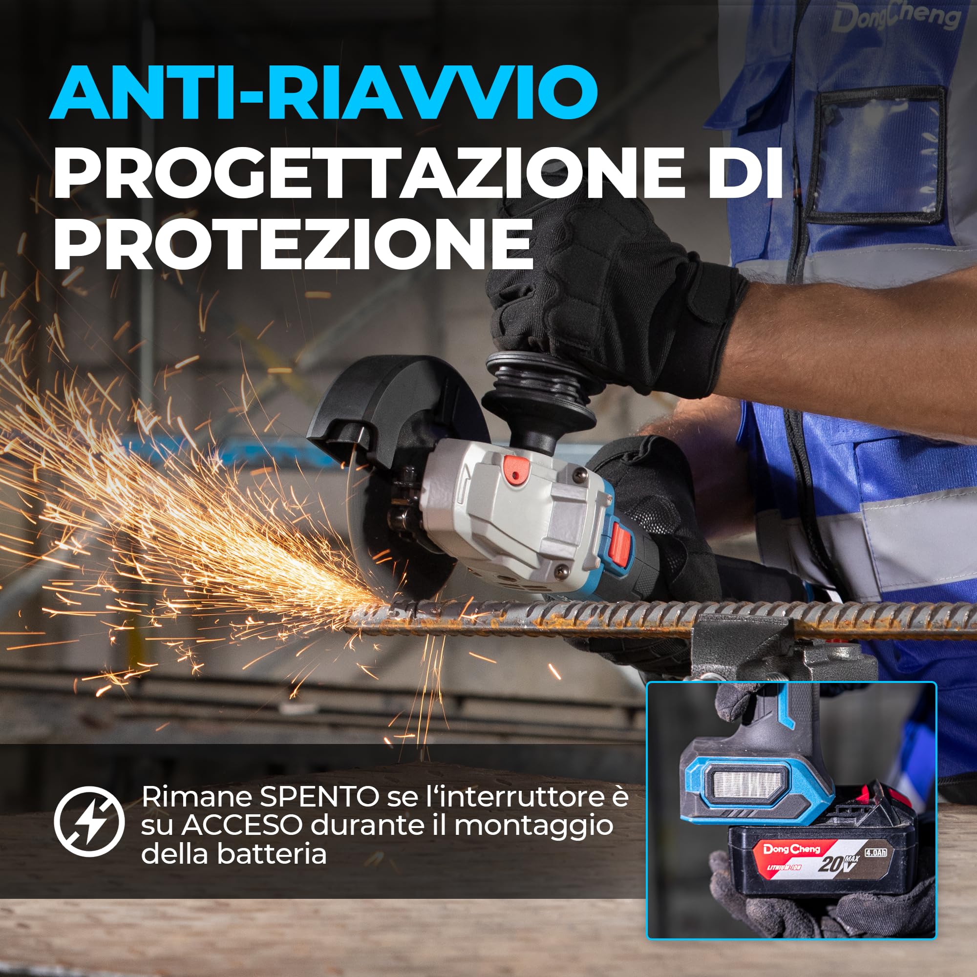 DongCheng Smerigliatrice angolare a batteria 20V 125mm, Motore Brushless da 630 W, copertura a sgancio rapido, impugnatura antivibrante, 2 dischi abrasivi, 2 dischi da taglio, batteria da 4,0 Ah