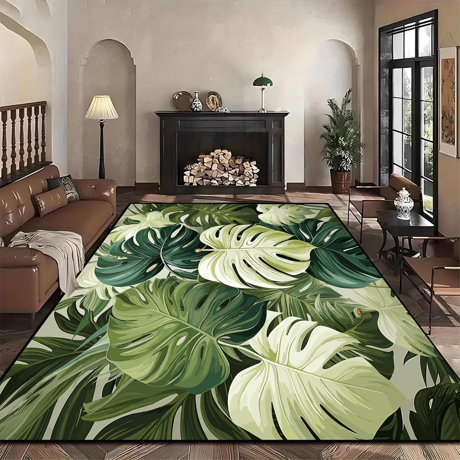 Monstera Area Rug, 80x150cm Natural Jungle Green Plant Leaf Indoor Rug and Mat, Vintage Leaves Decorative Rugs, Tropical Natural Design, Green Carpet for Office, Bedroom, Study, and Lounge Decoration