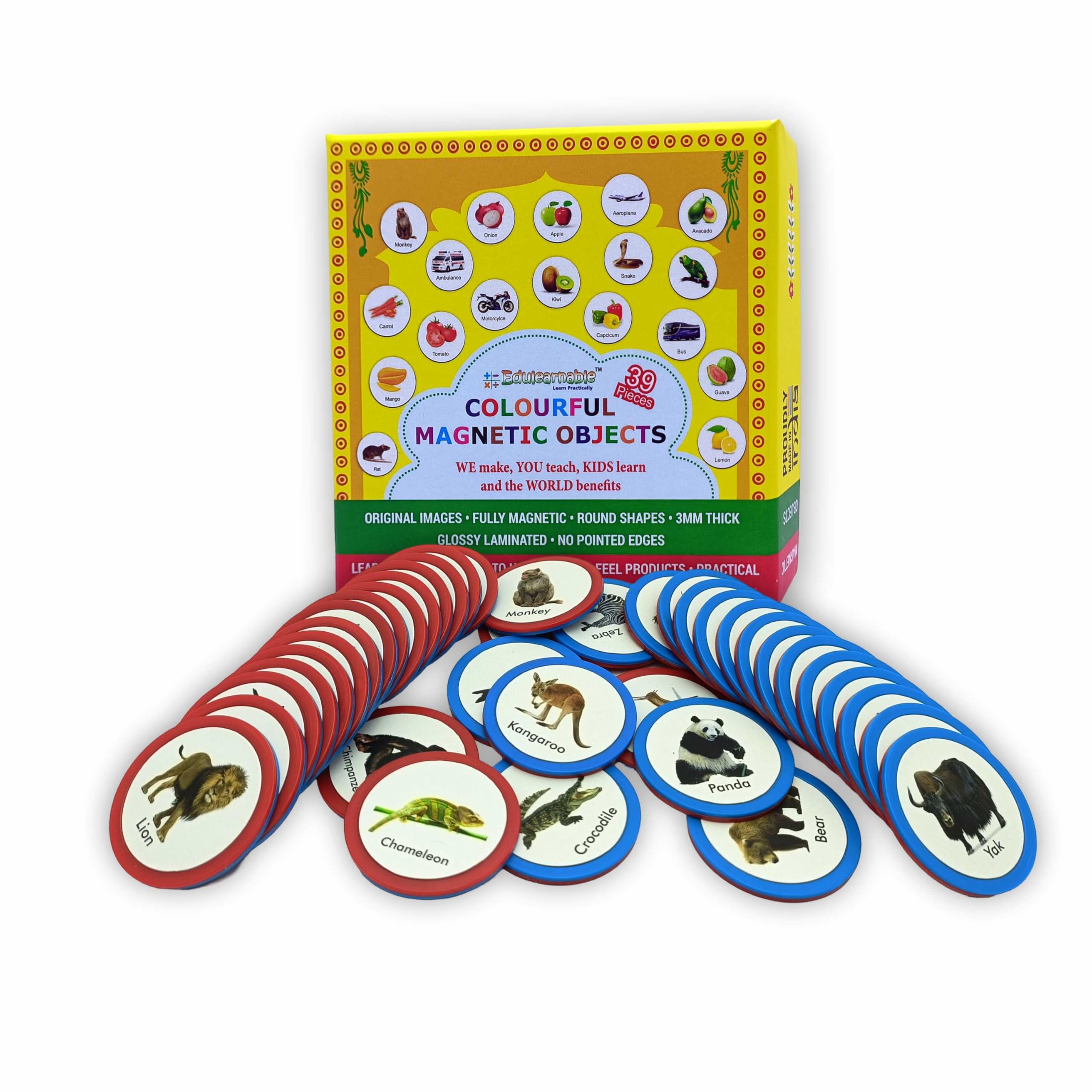 Educational Learning Magnetic Flash Card are Fridge Magnets Toy Games for Toddlers Children Kids Aged 3-8 Making Them Perfect Birthday Return Gifts Montessori Set 39 Pieces of Animals.