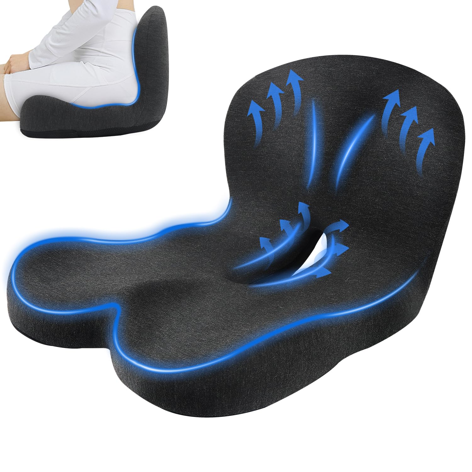 Owill Black Large Memory Coccyx Cushion,Tailbone Pad For Tailbone Pain Sciatica Hemorrhoids, Long Sitting Office Chair Ring Cushion Suitable For Car Seats Gaming Chair