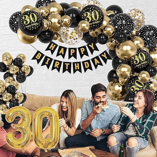 Miniatura 7 de Juego de globos de decoración de fiesta de oro negro número 30 de 40 pulgadas, globos gigantes dorados con pancarta de cumpleaños, guirnalda de arco