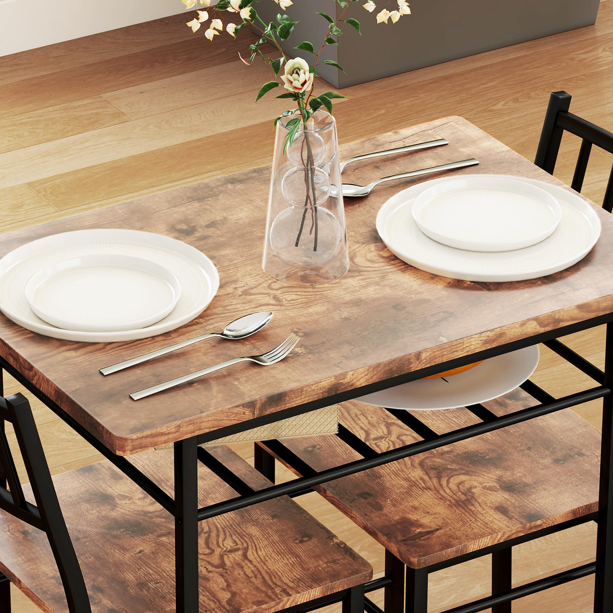 Juego de mesa de comedor de 3 piezas para 2, mesa de cocina pequeña y sillas con estante de almacenamiento integrado y marco de acero, para rincón de desayuno y espacio pequeño, marrón rústico 9