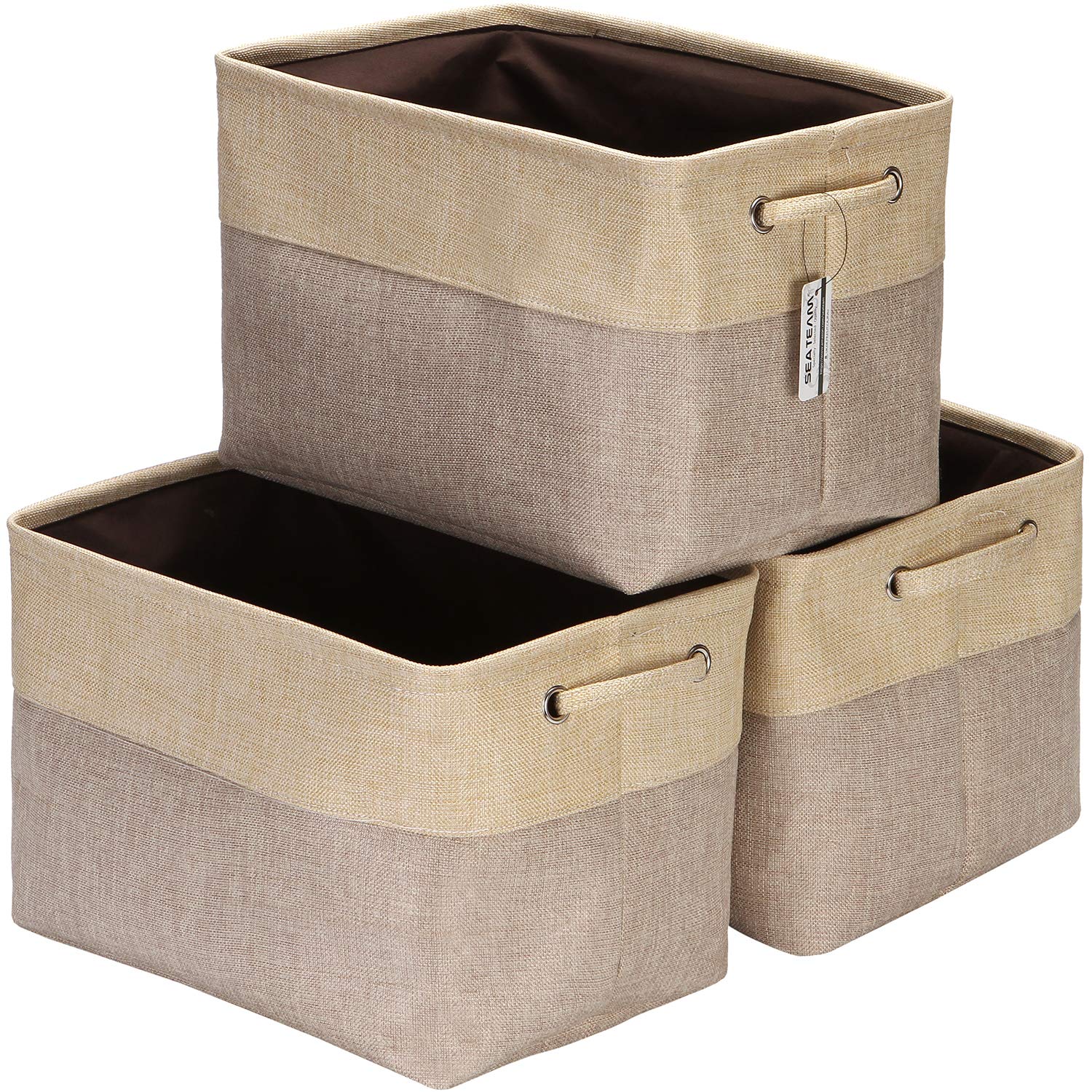 Sea Team 3-Pack Large Storage Basket Set, Trunk Organizer, Clothes Toys Bin, 15 x 10 x 10 Inches, Big Rectangular Canvas Fabric Collapsible Shelf Box