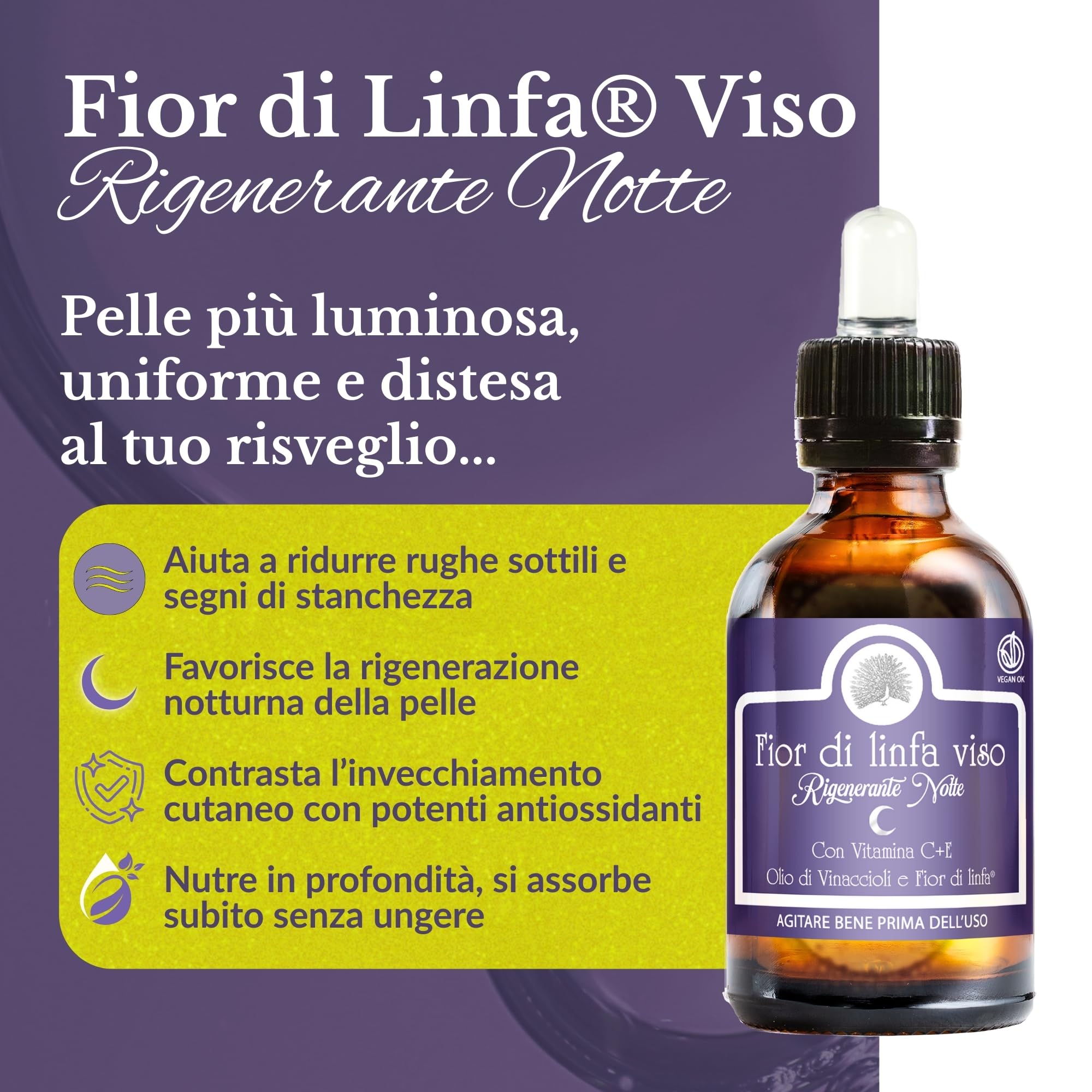 Mary Rose Fior di Linfa Notte 50 ml, Siero Viso con Vitamina C e E, Siero Viso Antirughe, Skincare Illuminante Uomo Donna, Crema Collo, Made in Italy