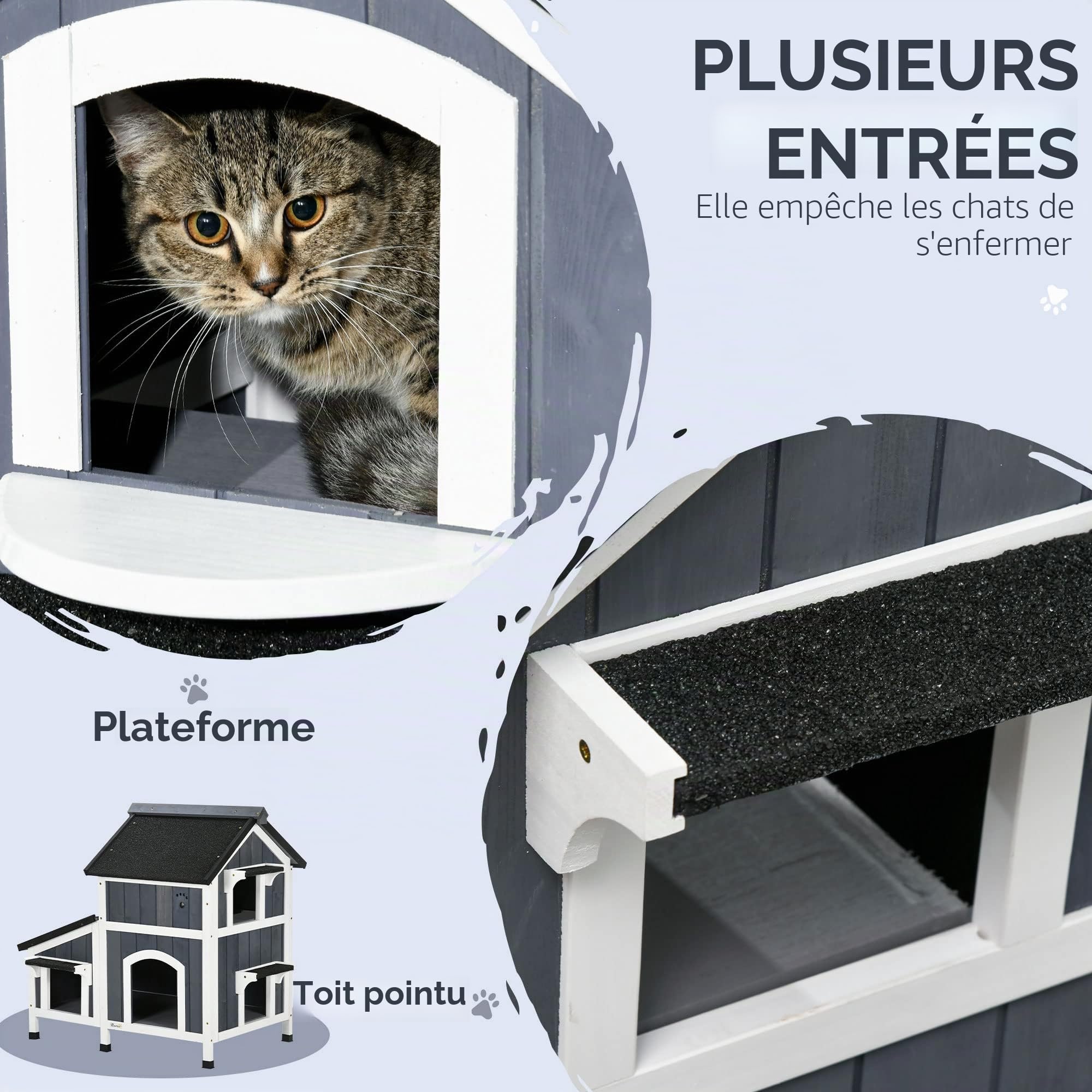 PawHut Maison Chat extérieure en Bois Pot Fleurs fenêtres - Gris | Entrées multiples, toit résistant à l'eau