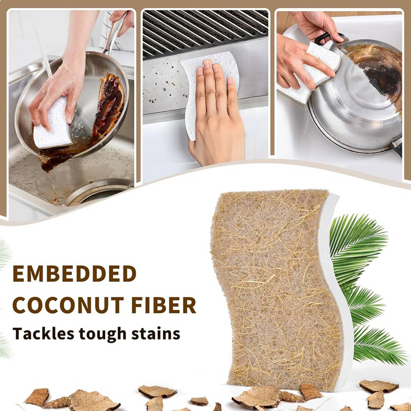 Lot de 45 Éponges de Cuisine Naturelles Biodégradables - Éponges à Récurer Compostables en Cellulose et Noix de