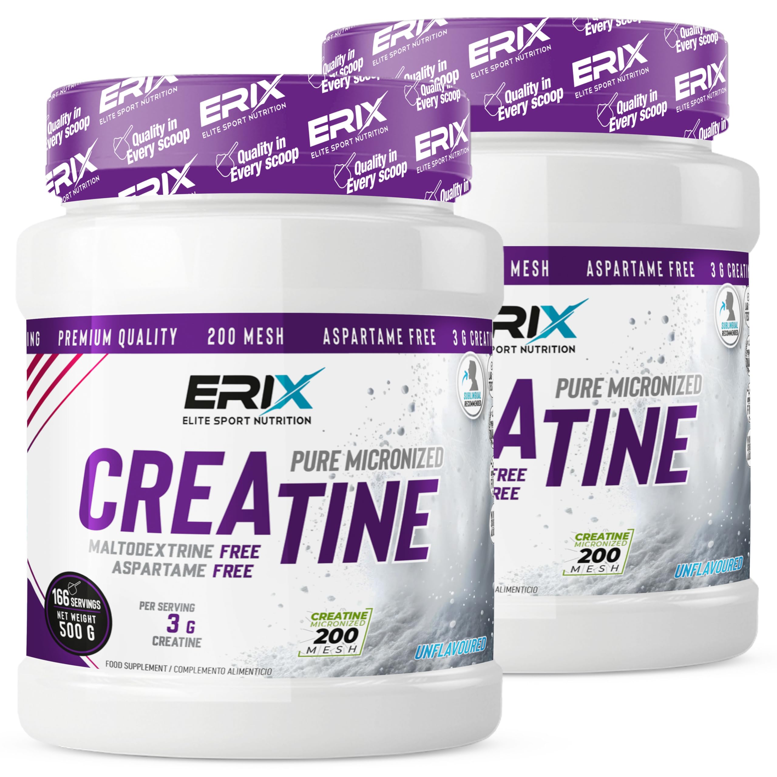 ERIX Nutrición Creatina Monohidrato 200 Mesh Neutra - Pack de 2 x 500g (1 Kg, 332 Dosis) - Polvo Micronizado 100% Puro sin Sabor para Entrenamiento, Mejora la Fuerza Muscular y la Recuperación