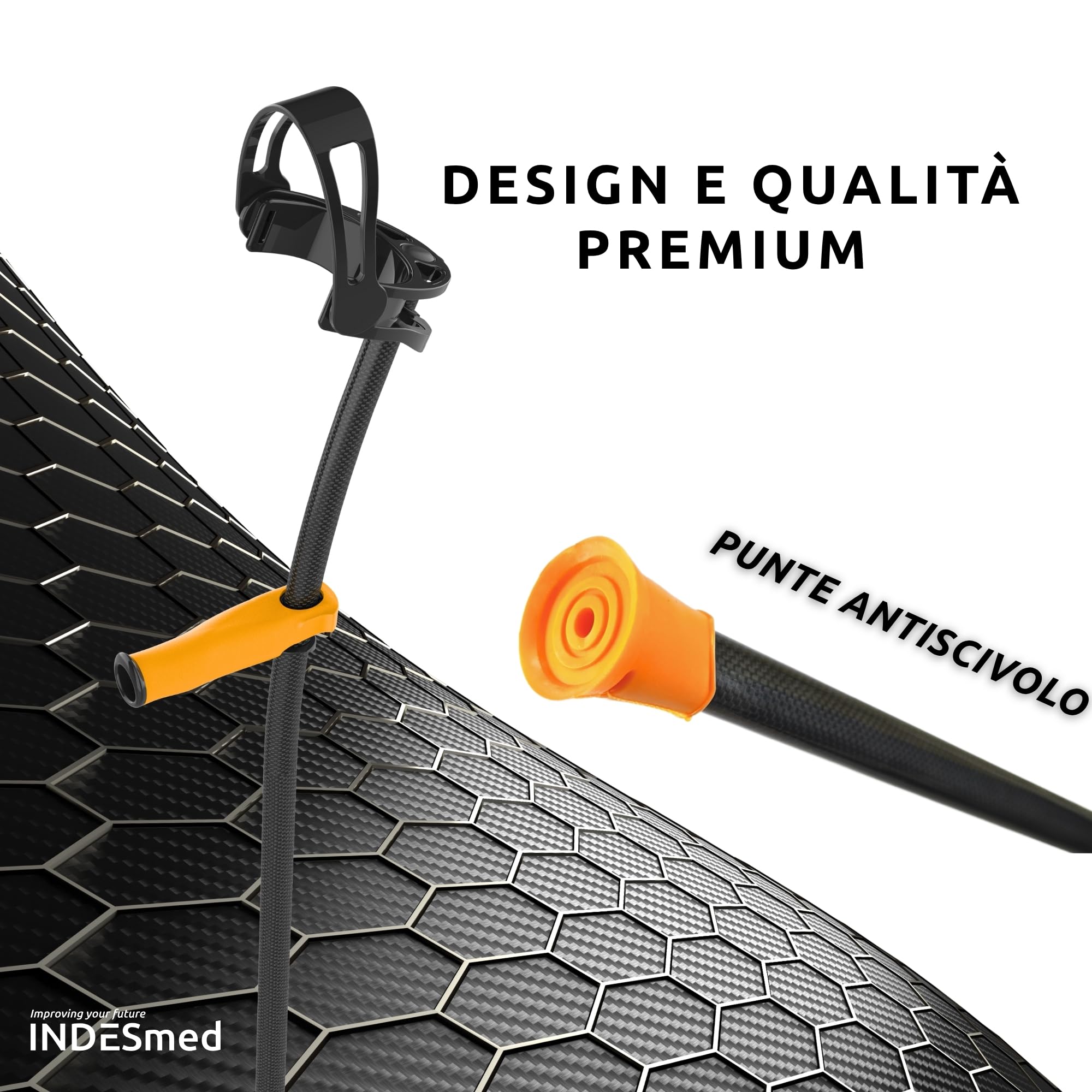 INDESmed - Stampelle in fibra di carbonio 100% (2 unità) - Stampelle lusso, Più leggere al mondo, design brevettato - Stampelle ortopediche regolabili leggere, Uomo e Donna (Grigio, L)