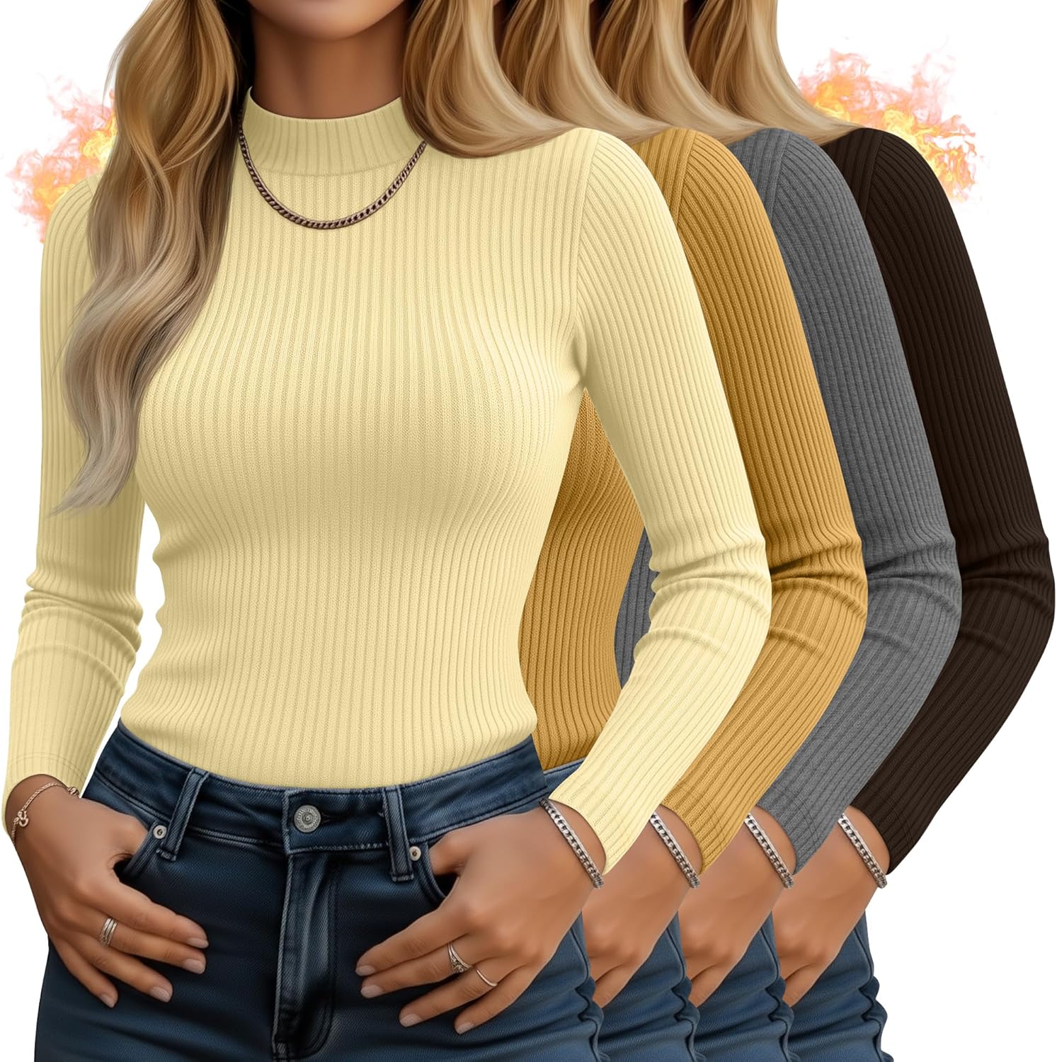 4 Pack Women's Mock Neck Long Sleeve Tops Ribbed Slim Fitted Cotton Thermal Shirts Casual Stretch Tight Base Layer