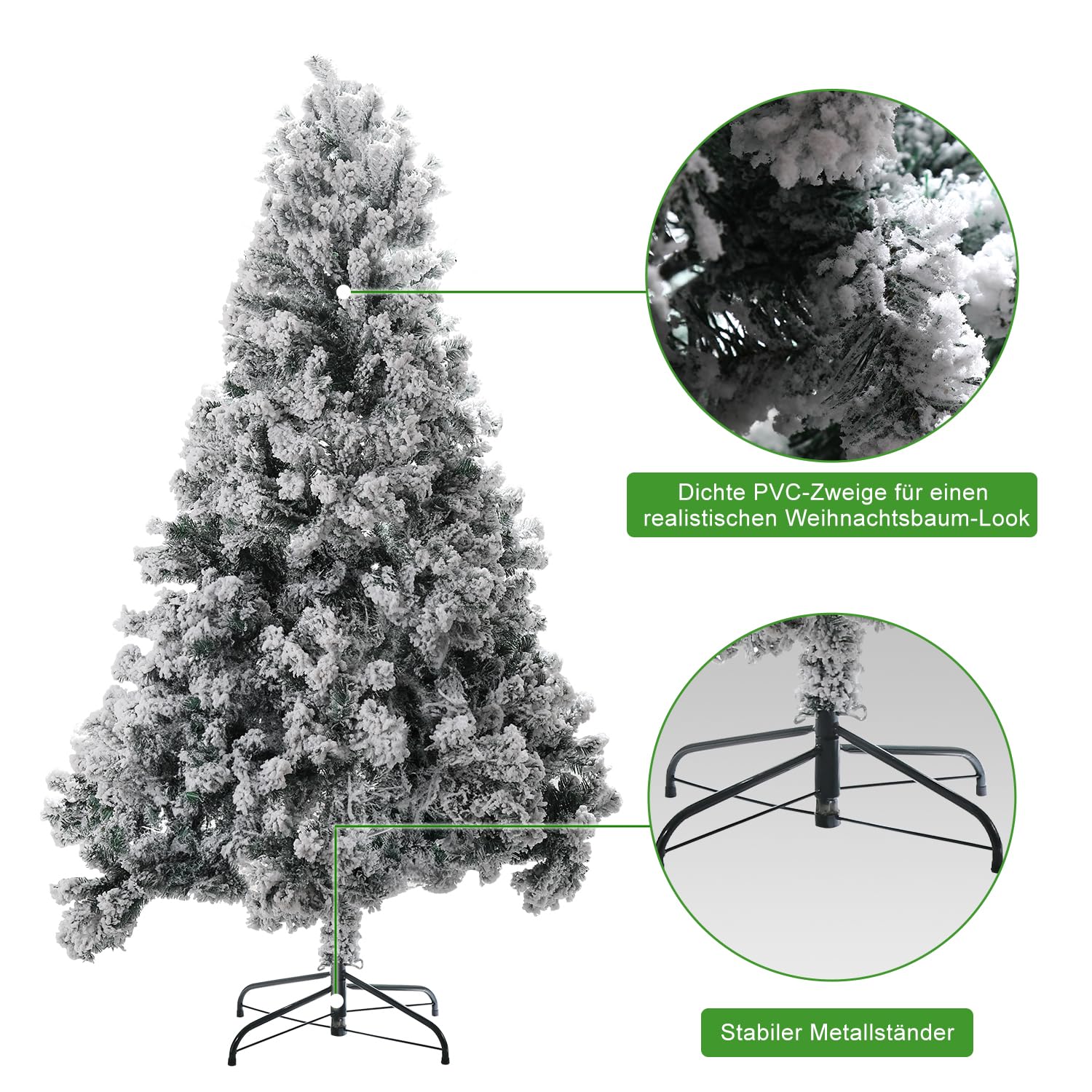 Choinka ze śniegiem, 150 cm, sztuczna choinka z metalowym stojakiem, igły PCW z białymi imitacjami płatków śniegu, sztuczne drzewko bożonarodzeniowe, system składania zielony
