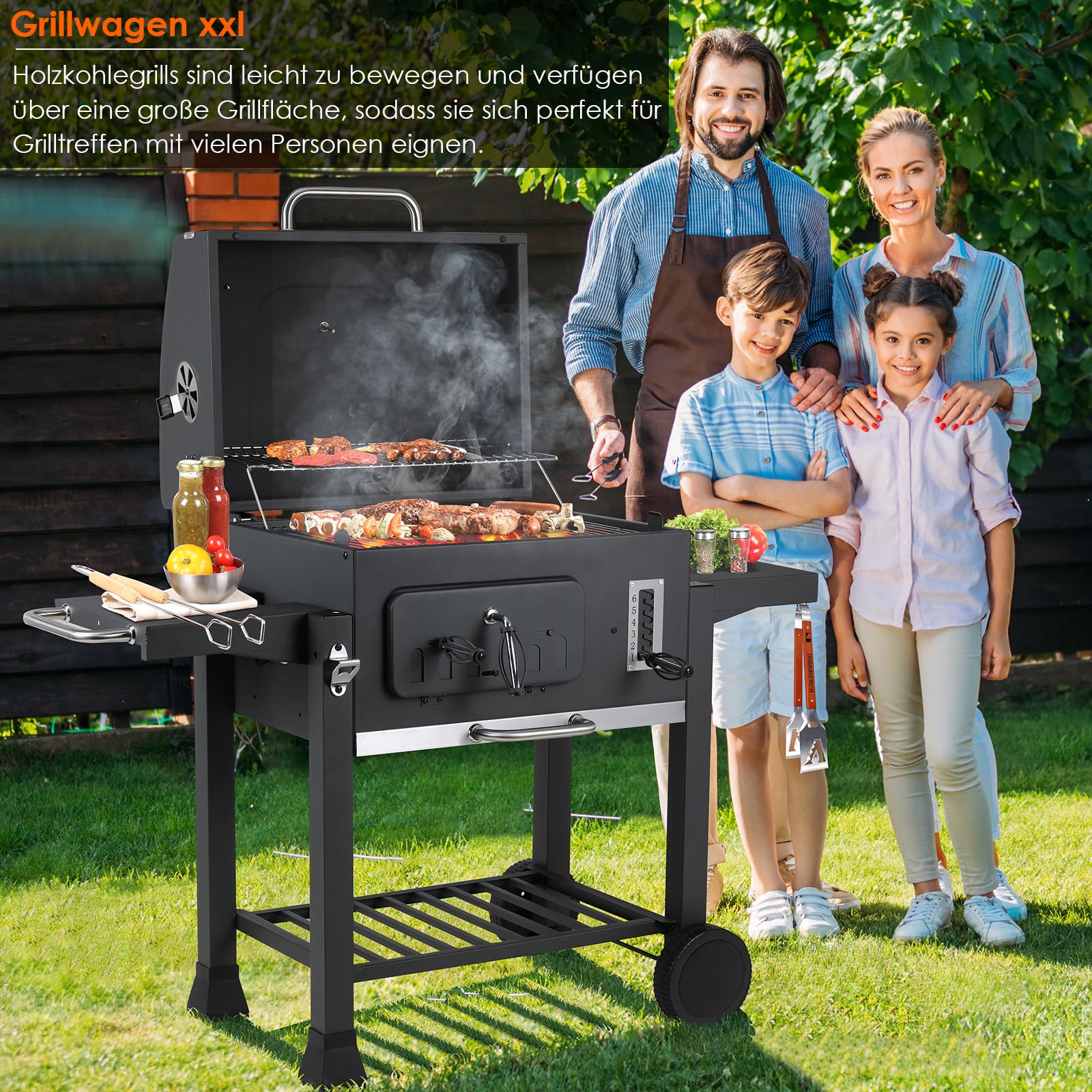 TLSUNNY Parrilla Barbacoa Carbon con Tapa, Barbacoas de Carbon XXL, Parrilla de Carbón Vegetal con Termómetro, Abrebotellas, Ruedas, BBQ Smoker en Jardín y Exteriores, Gran Capacidad, Portatil, Negro