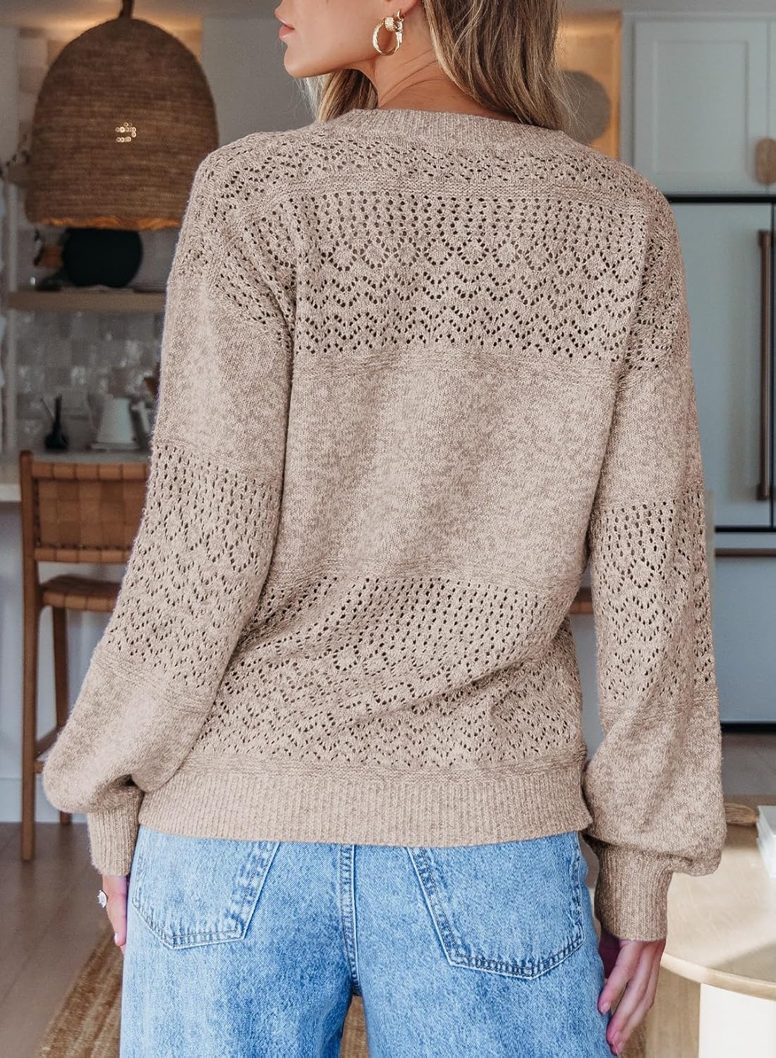 SHEWIN Women's Sweaters Casual Long Sleeve V Neck Crewneck Lightweight Crochet Pullover Sweater Tops - Image 4