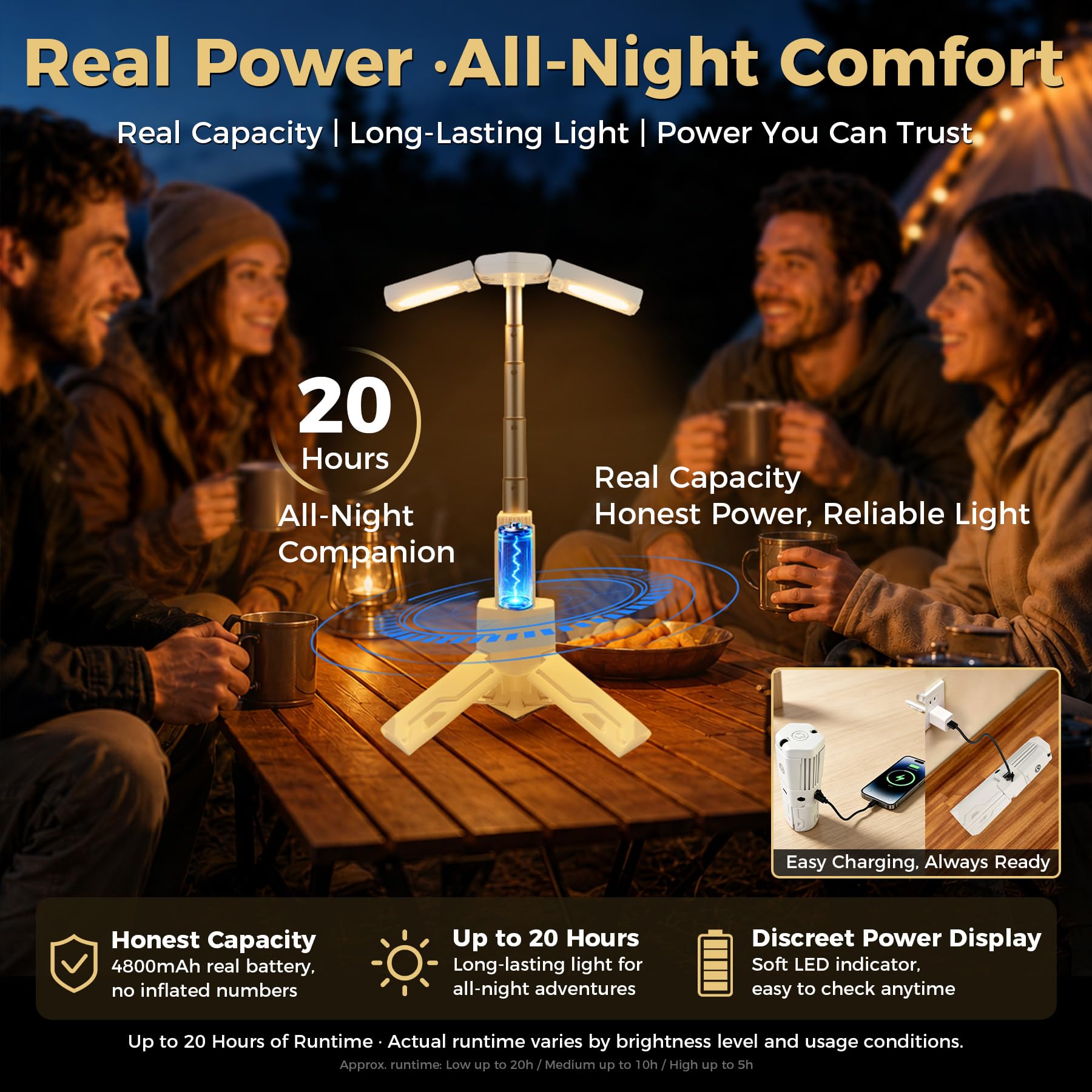 Lampada da campeggio telescopica ricaricabile con illuminazione calda continua, lanterna da campeggio ambientale portatile con dimmerabile e emergenza SOS per campeggio tenda camper e cortile