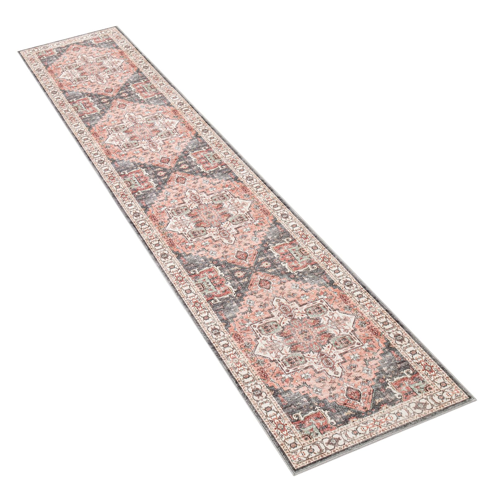 Carvapet Läufer Teppich 60x300cm rutschfest Lang Teppichläufer Waschbar Mikrofaser Vintage Medaillon Rosa Teppich Flächenteppich Laufteppich