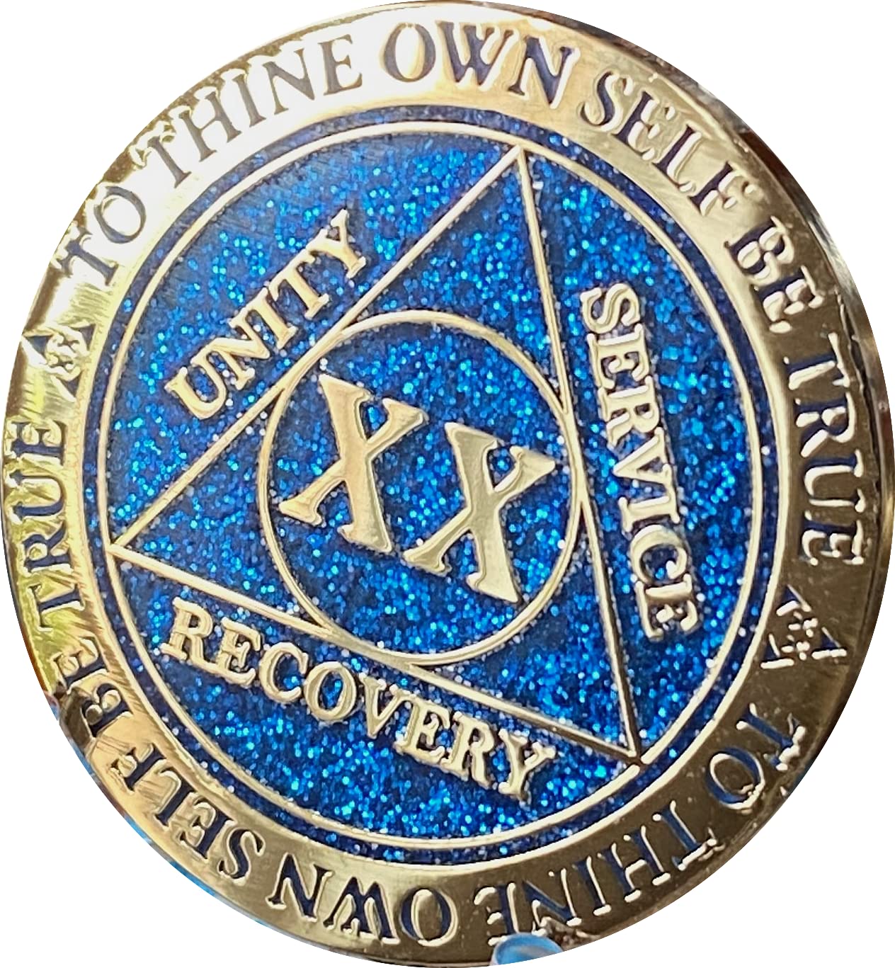 RecoveryChip 20 Year AA Medallion Reflex Blue Glitter Gold Plated Color Chip XX