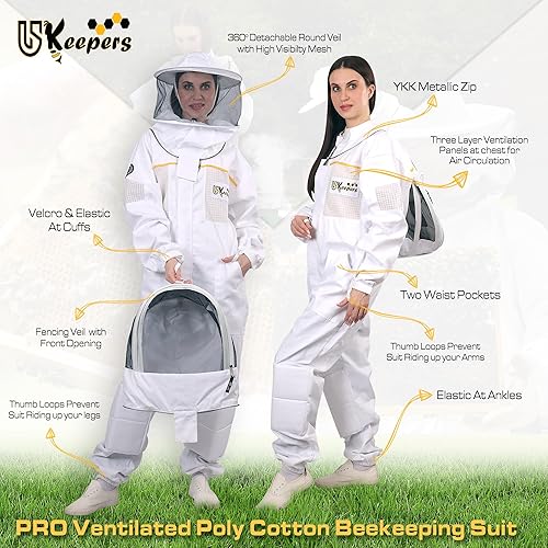 Miniatura 4 de Polly - Traje de abeja de algodón, ultra ventilado, para hombres y mujeres, con guantes de abeja y 2 velos de apicultura, traje de apicultor