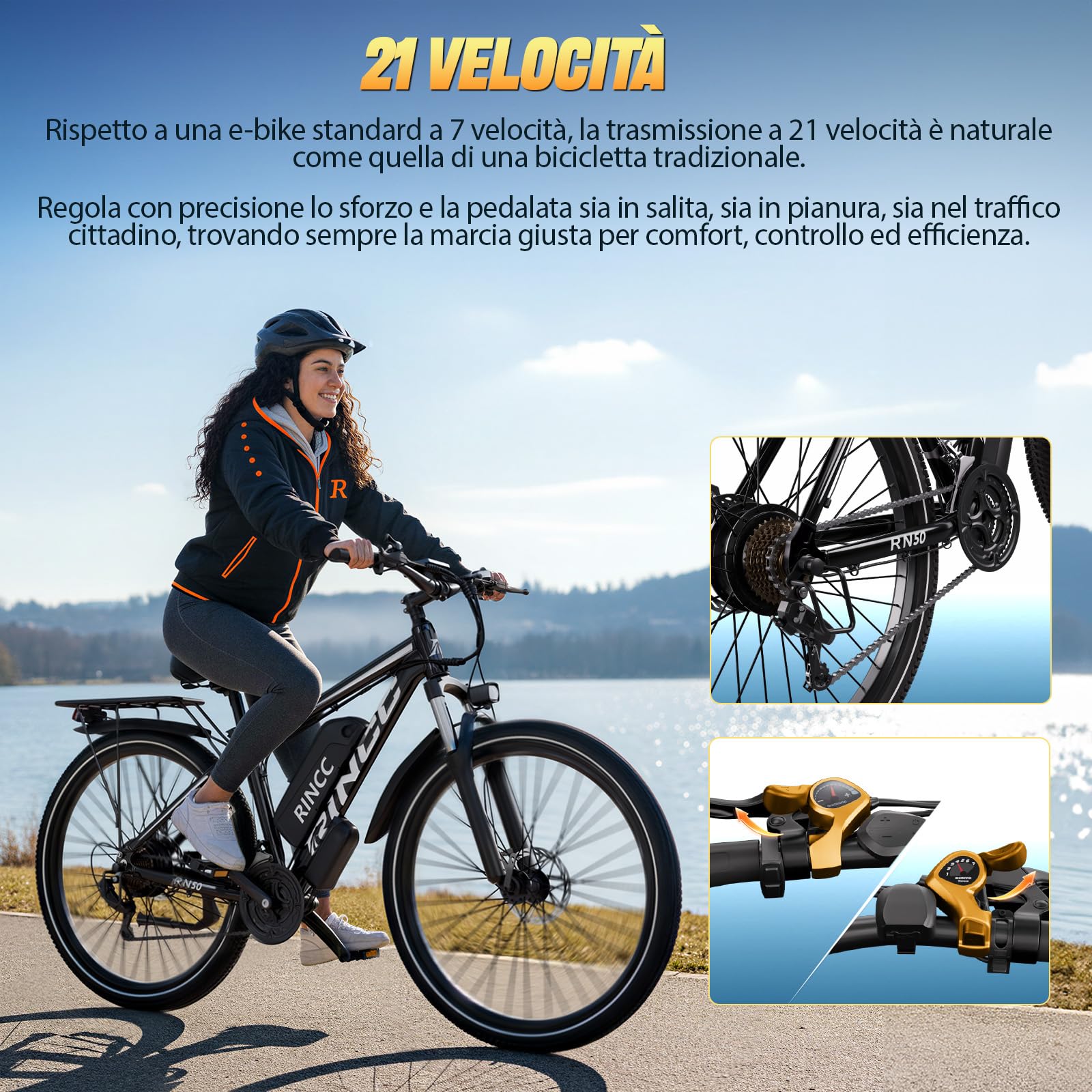 RINCC RN50 Bicicletta Elettrica per Adulti 29 Pollici, Bici Elettrica MTB con Batteria 48V 15Ah, 21 Velocità, Autonomia 50-110 km, Telaio in Alluminio (Nero)