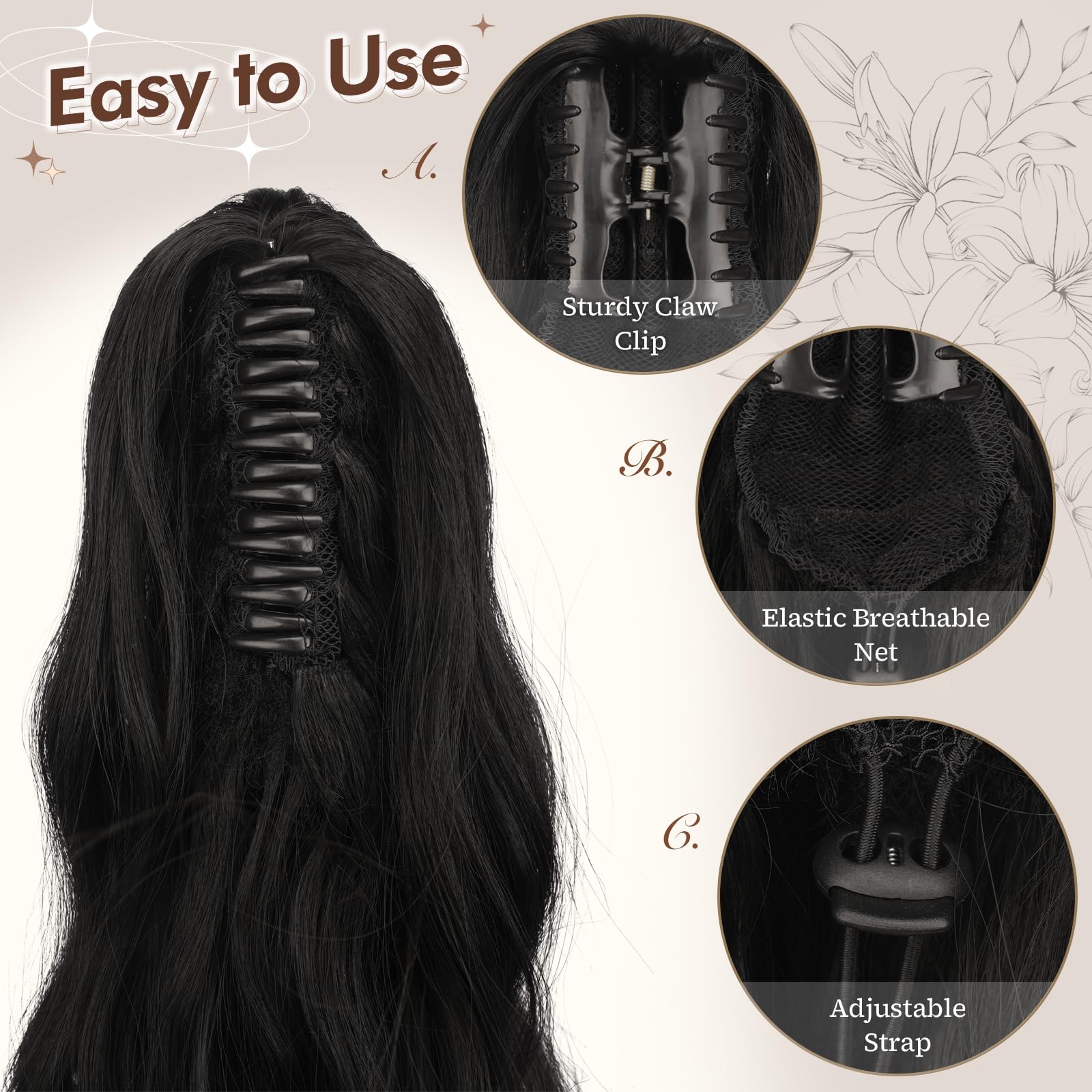 FESHFEN Falowany Przedłużenia Włosów z Pazurem - Długie Koński Ogon Clip in Przedłużania Kucyka Naturalny Wygląd Syntetyczne Włosy Kucyk Ponytail Extension dla Kobiet, 50 cm Zgaszona Czerń
