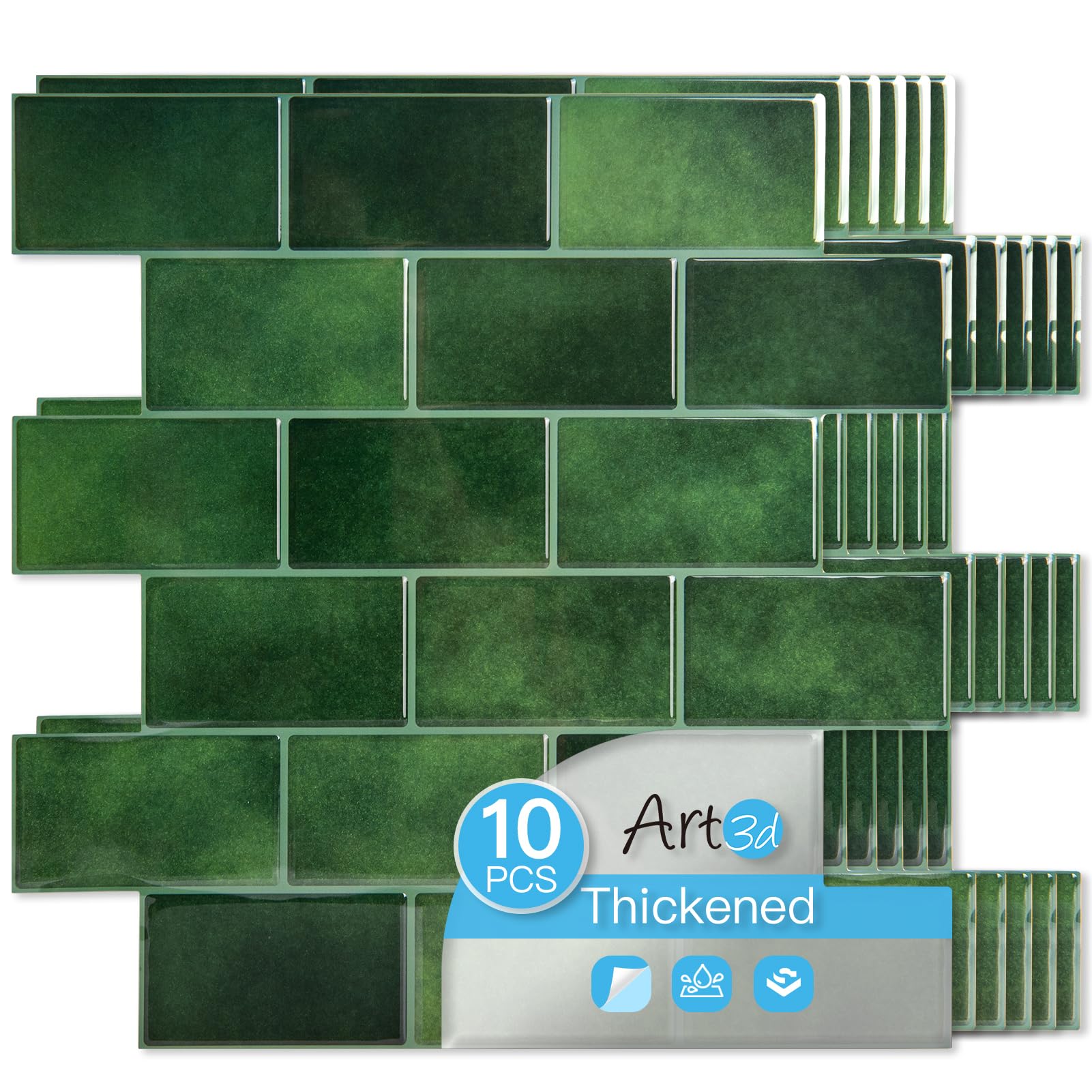 Art3d Upgrade Thicker Peel and Stick Green Wall Tiles Backsplash for Kitchen and Bathroom, Metro Subway Tiles Self Adhesive Tile Stickers,12"x 12", 10-Sheet
