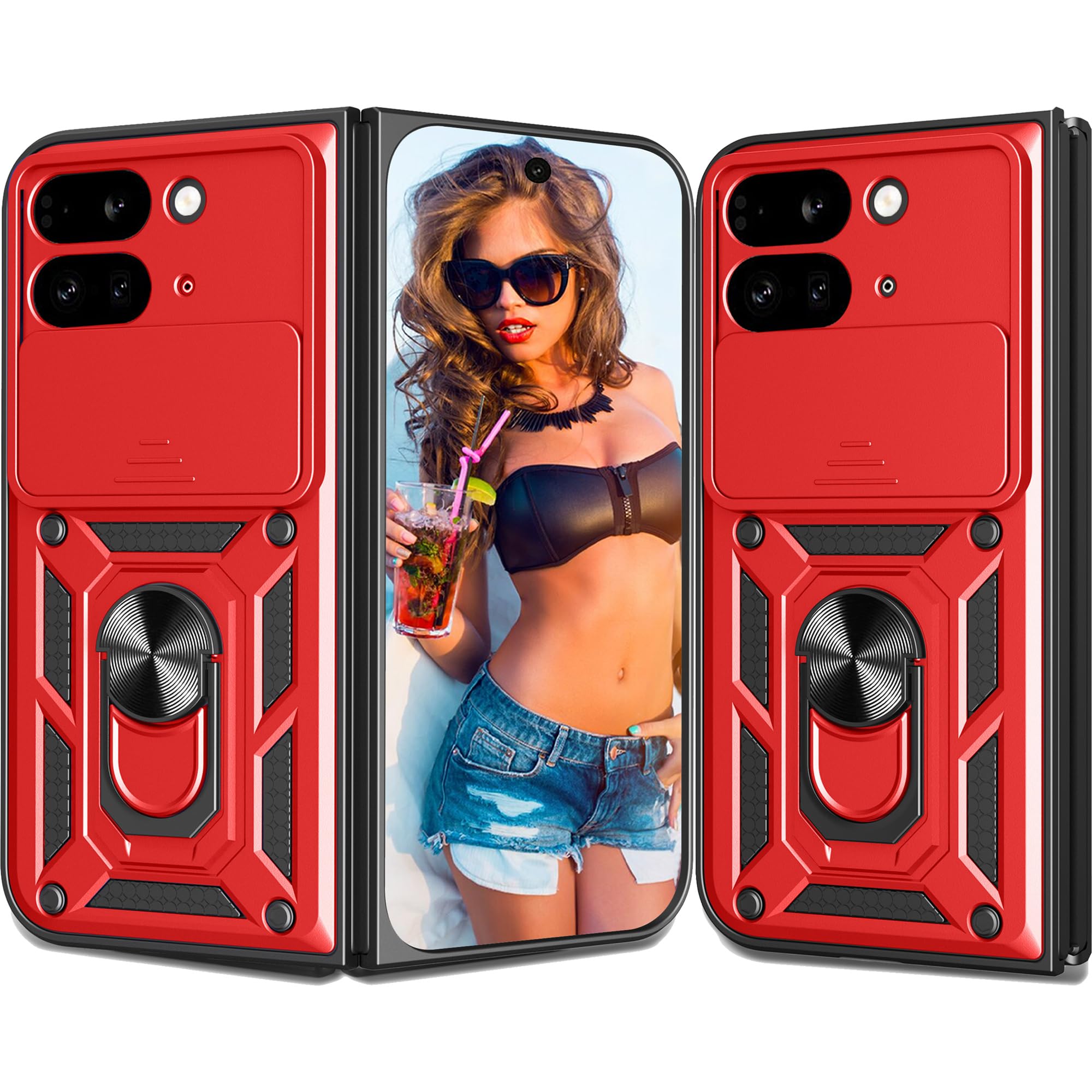 Ephoou for Google Pixel 9 Pro Fold 2024 Armor Case with Slide Camera Cover & Ring Kickstand, Military Grade Shockproof Protection Cover Case for