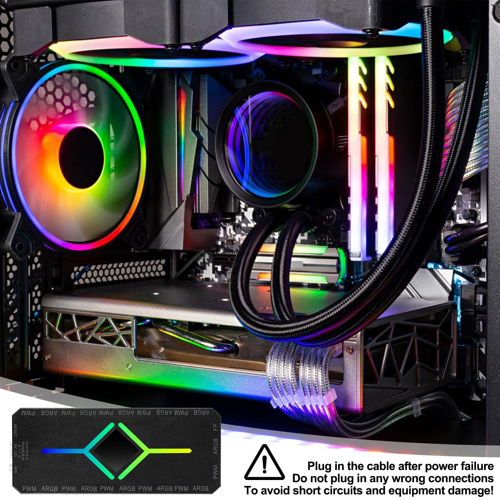 Hub de Ventilateur ARGB PWM 2 en 1 avec Contrôleur, 10 Connecteurs de Ventilateur PWM 4 Broches et 12 Ports 3 Broches 5V, Boîtier RGB avec Base Magnétique et Port SATA Power 20