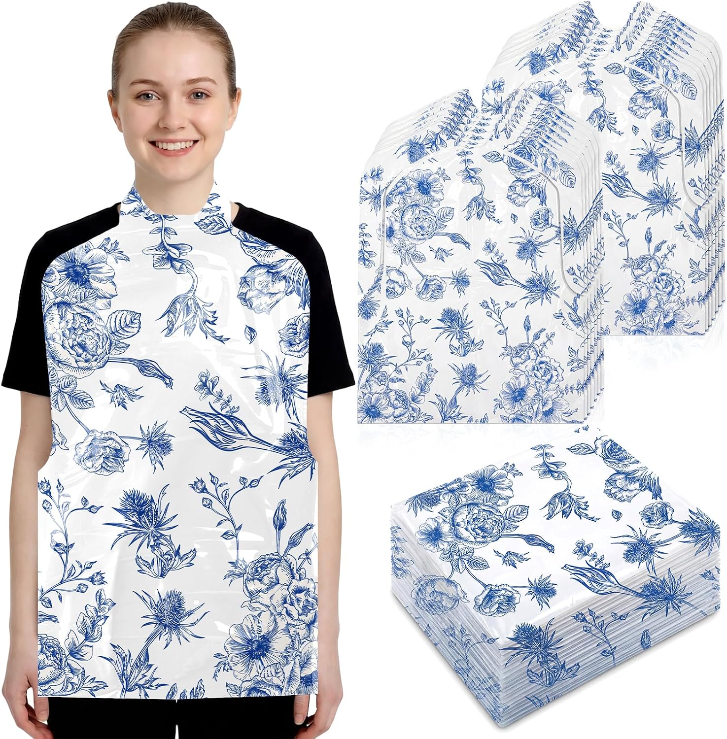 Unittype Disposable Bibs for Adults 25/50/100 Pcs Plastic Floral Bib Dining Clothing Protectors for Elderly Eating