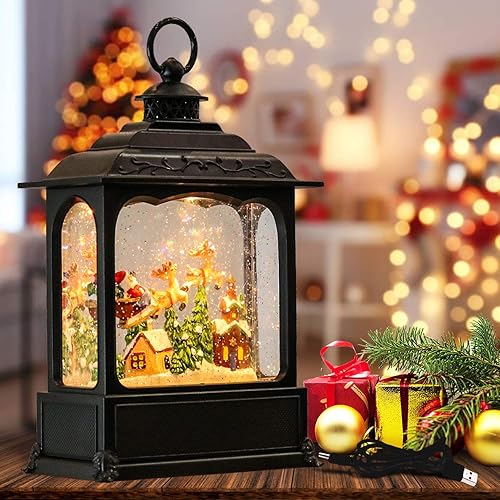 Wondise Christmas Musical Snow Globe Lantern with 6 Hour Timer, 11.2 Inch USB Plug-in & Battery Operated Spinning Water Glitter Lighted Snow Globe Christmas (Santa Claus and Sleigh)