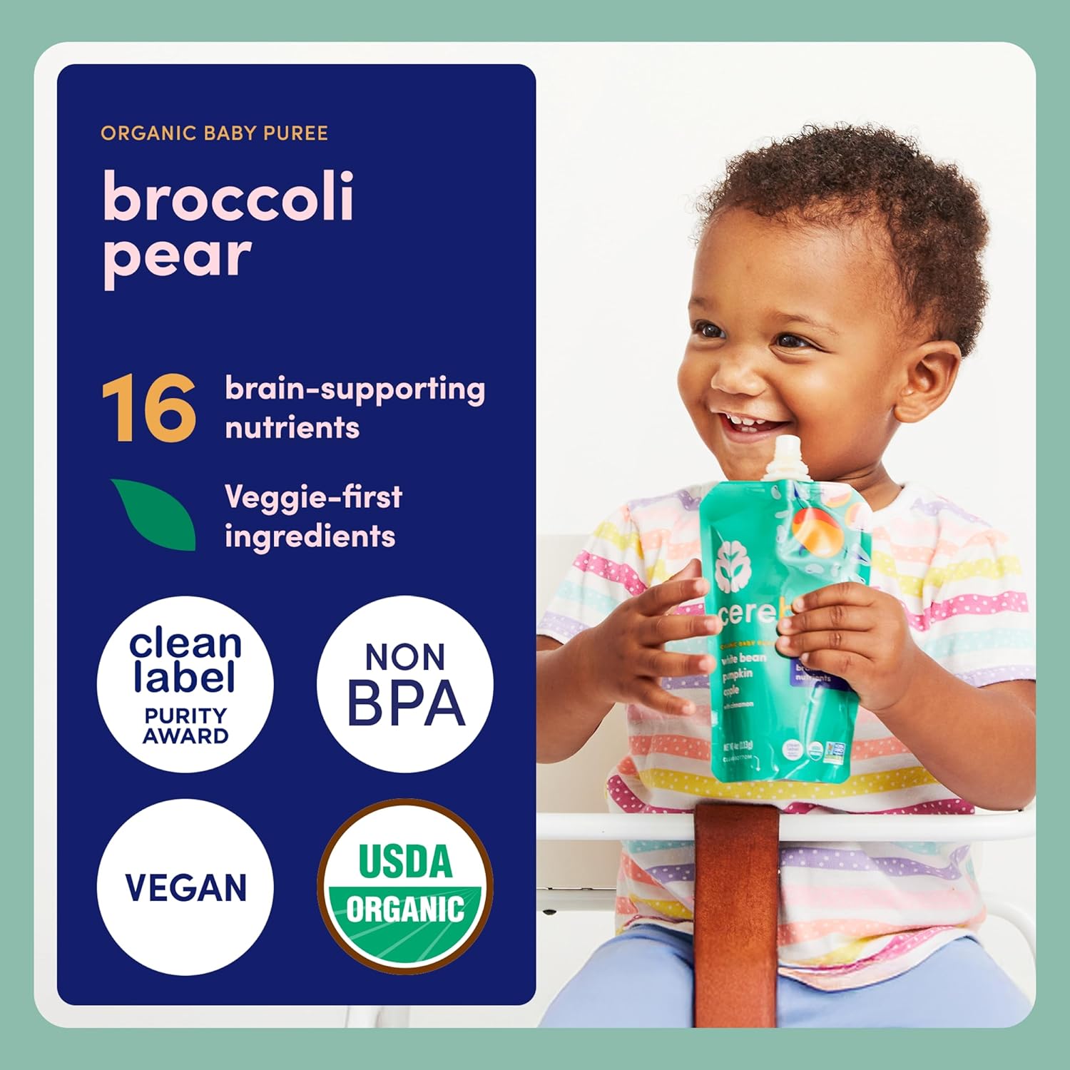 Cerebelly Organic Baby Food Pouches, Broccoli Pear Purees, 16 Nutrients, No Added Sugar, Fiber & Non-GMO, 4oz, 18 Pack