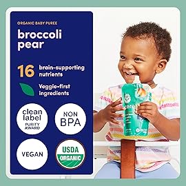 Cerebelly Organic Baby Food Pouches, Broccoli Pear Purees, 16 Nutrients, No Added Sugar, Fiber & Non-GMO, 4oz, 6 Pack