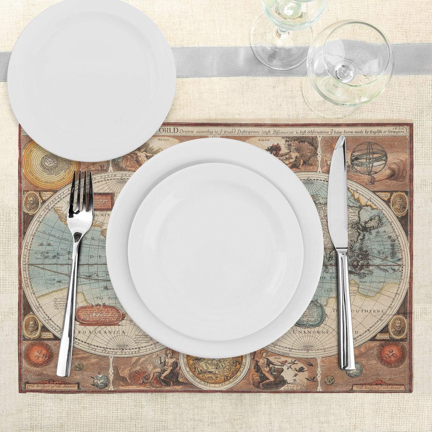 Lunarable Vintage Place Mats Set of 4, Old Detailed World Map Geography Theme Historic Grunge Illustration, Washable Fabric Placemats for Dining Room Kitchen Table Decor, Redwood Pale Blue Orange