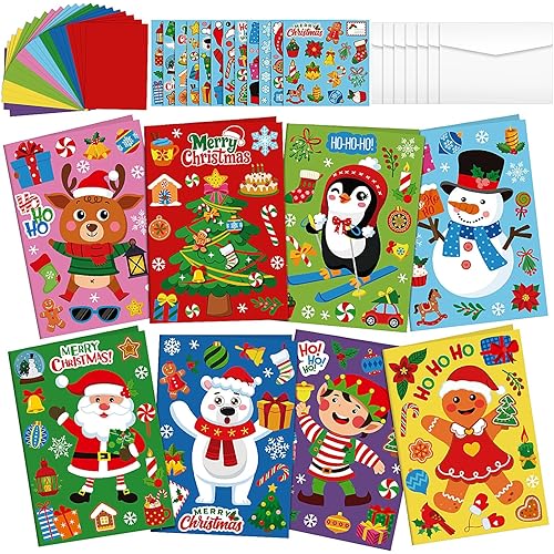 Fullhawl 48 Set Christmas Card Making Kits DIY Christmas Craft with Stickers and Envelopes Make Your Own Greeting Card Handmade Xmas Folded for Gift Party Decor Home Activities (Xmas)