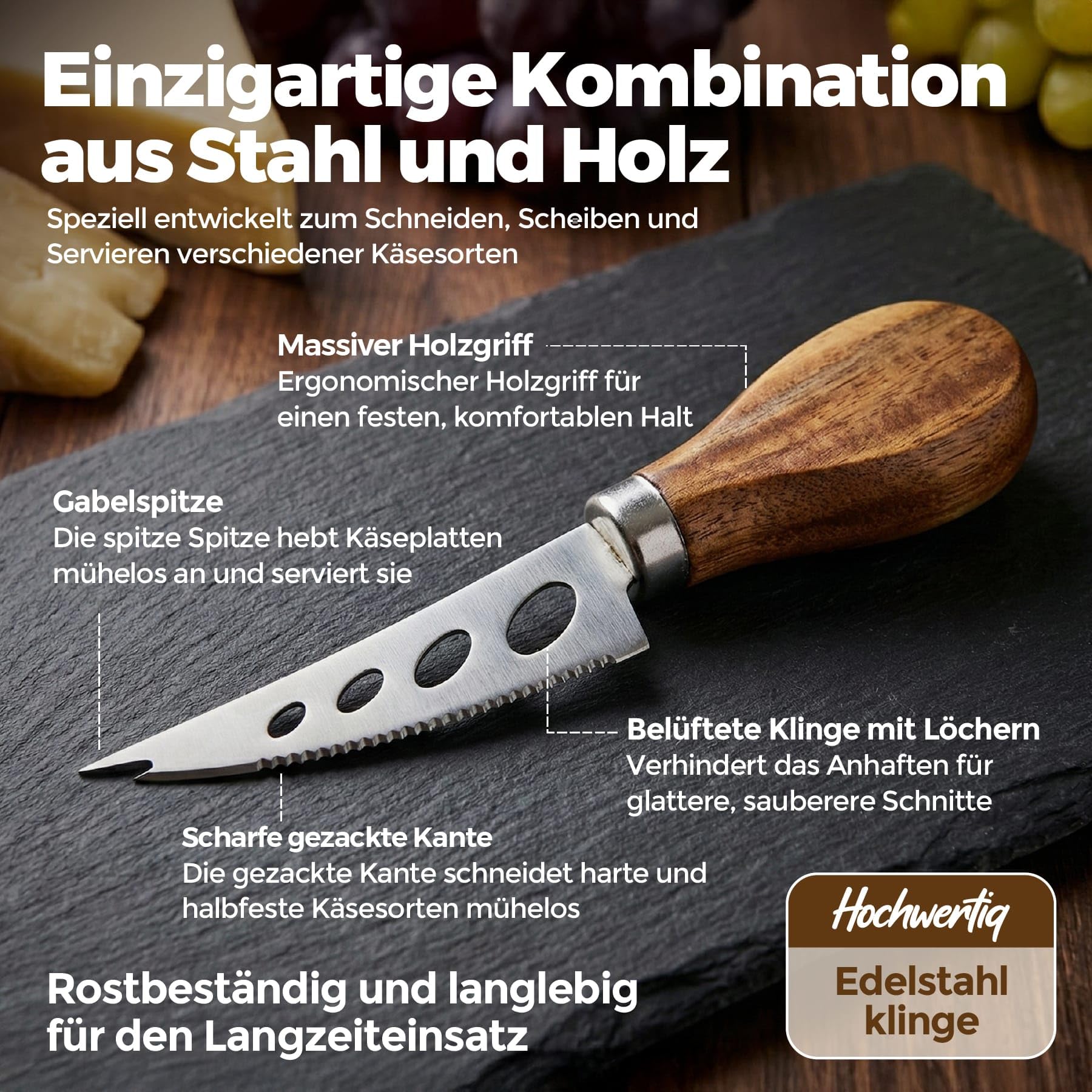Servierbrett Set PERSONALISIERBAR mit Schieferplatte – Große Antipasti Platte aus Akazienholz inkl. Käsemesser & 3 Schalen – Servierplatte für Käse, Sushi, Tapas & Grill – Käseplatte 40x30 cm