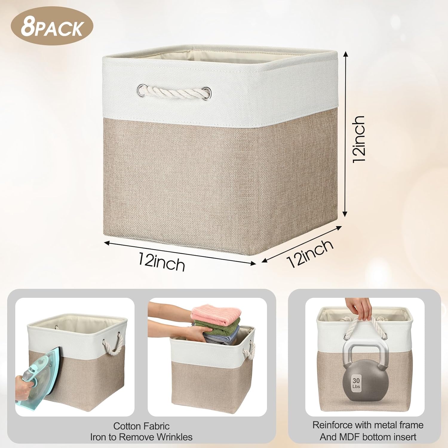meekoo 8 Pack Collapsible Storage Bins Fabric Storage Bins Polyester Fabric Baskets with Handles Linen Closet Organizer for Shelf Home Closet Towels Toys(12 x 12 x 12 in,Beige) - Image 2