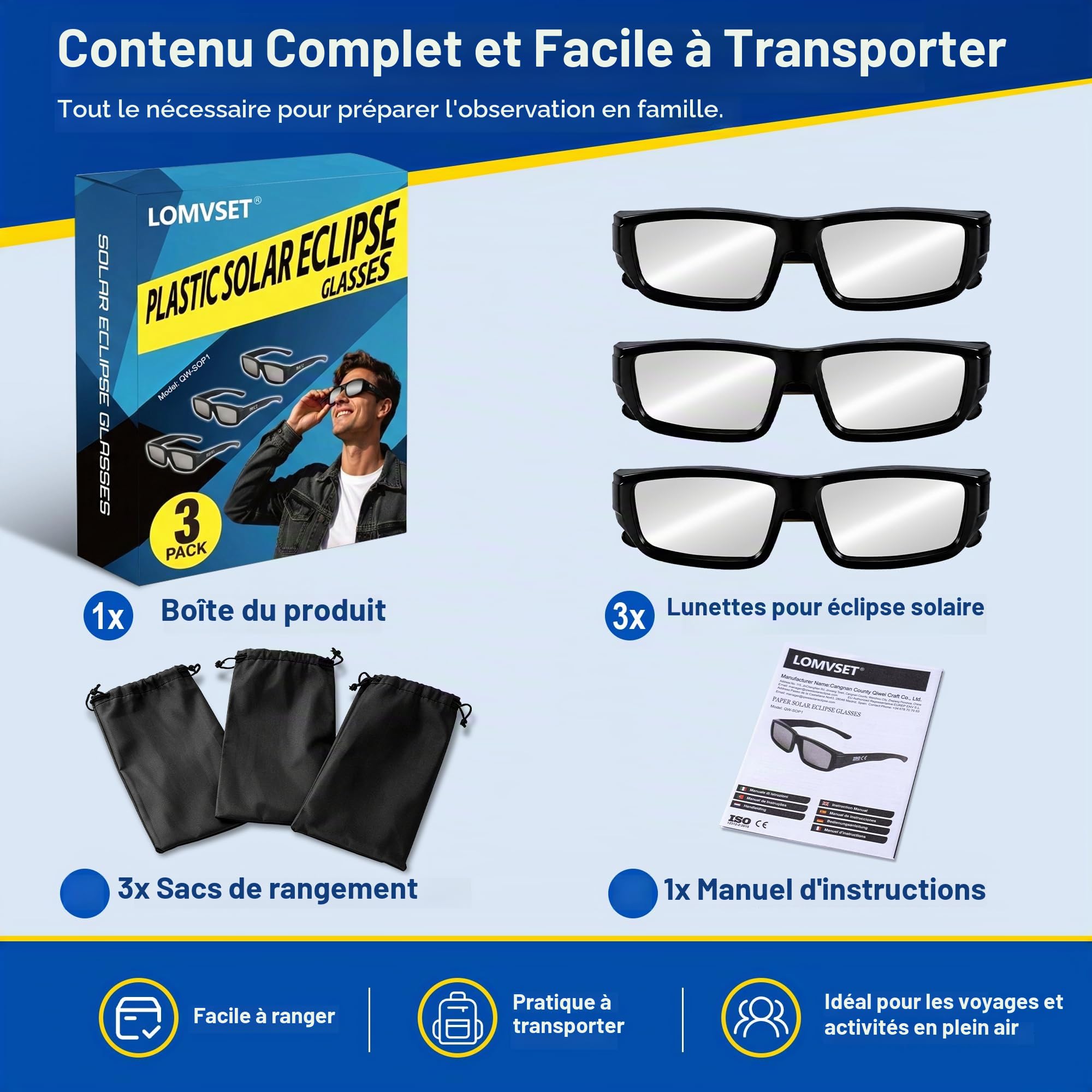 [Lot de 3 lunettes d'éclipse solaires homologuées ISO 12312-2 CE - 2026 - 2026 Lunettes en plastique éclipse solaire sûres certifiées protection premium UV/IR et infrarouge pour adultes et