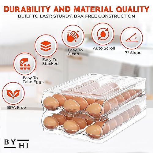 Miniatura 7 de Soporte para 36 huevos para refrigerador, organizador automático de huevos de 2 niveles para ahorrar espacio y almacenamiento fresco, sin BPA